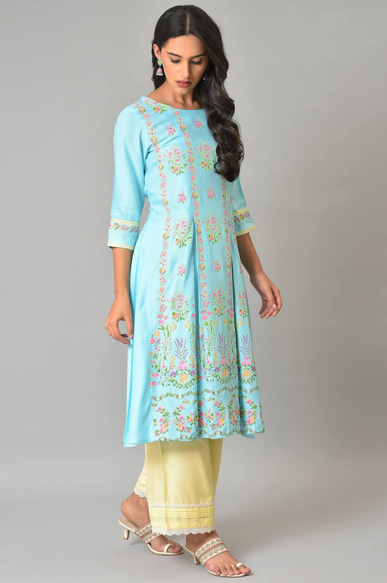 Blue Floral Printed A-Line Front Pleated kurta - Image 4