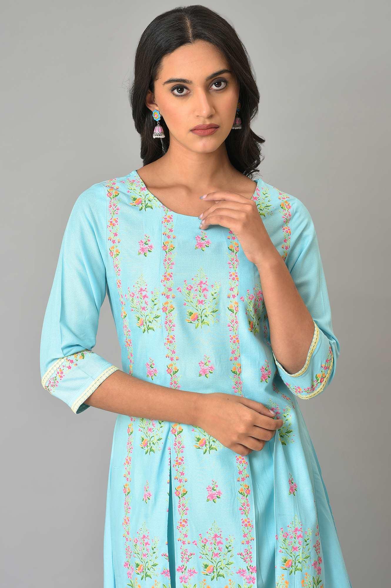 Blue Floral Printed A-Line Front Pleated kurta - Image 5