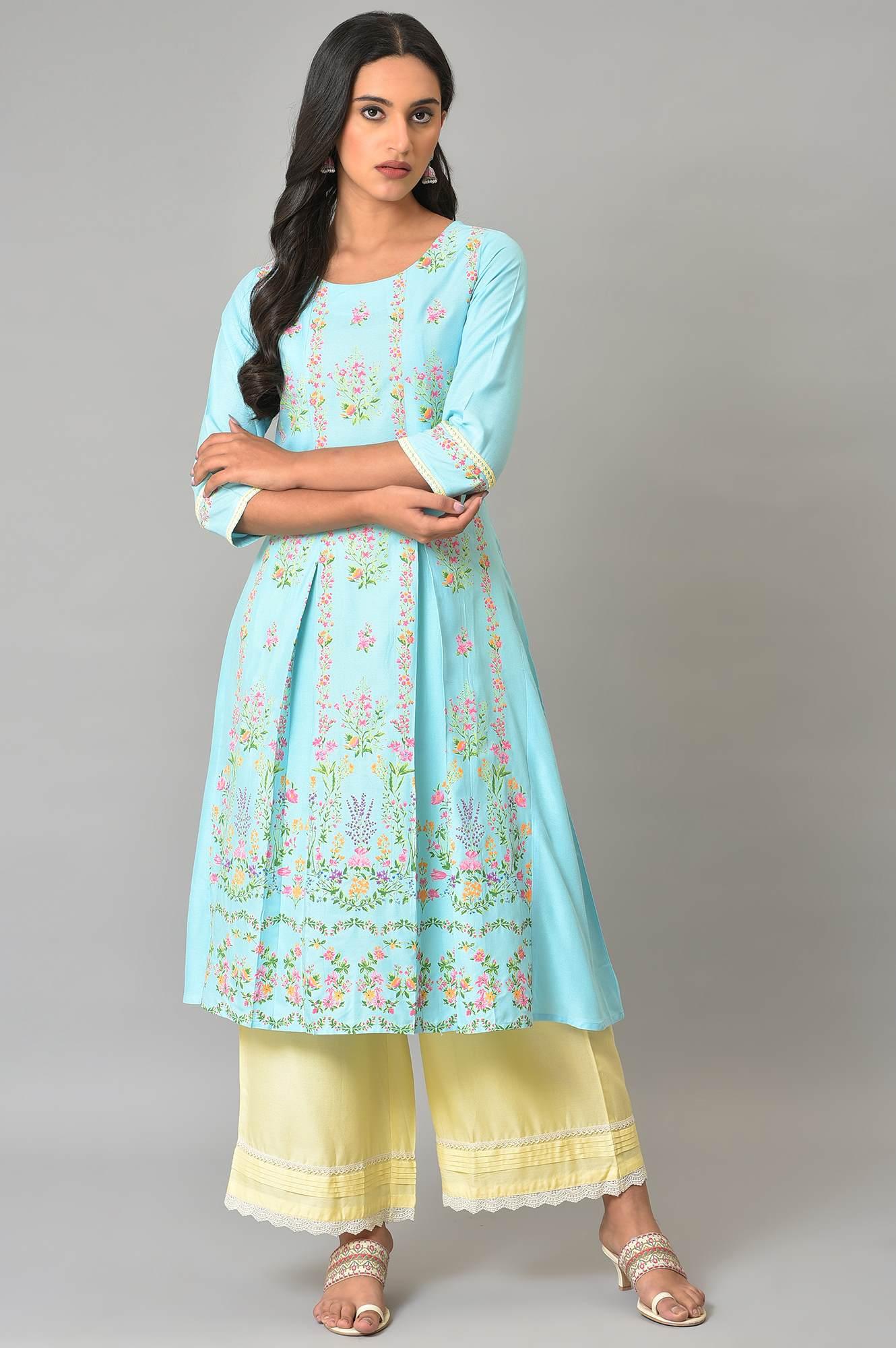 Blue Floral Printed A-Line Front Pleated kurta - Image 6