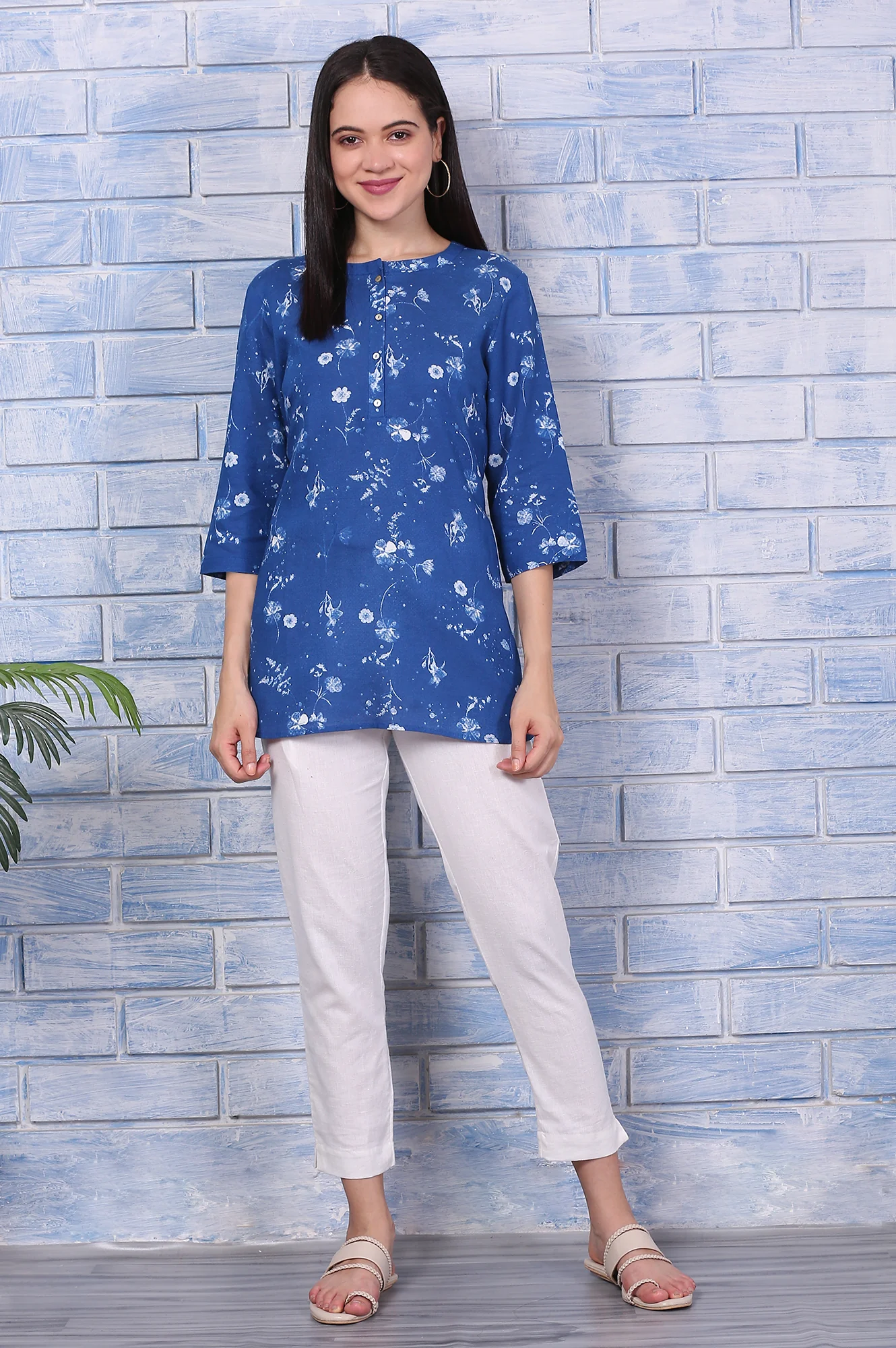 Blue Floral Printed Beaded Rayon Flax Top - Image 2