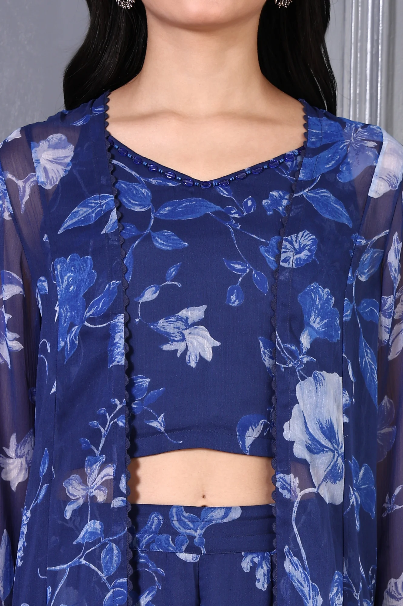Blue Floral Printed Beads Chiffon Flared Crop Top, Jacket and Flared Pants Set - Image 3