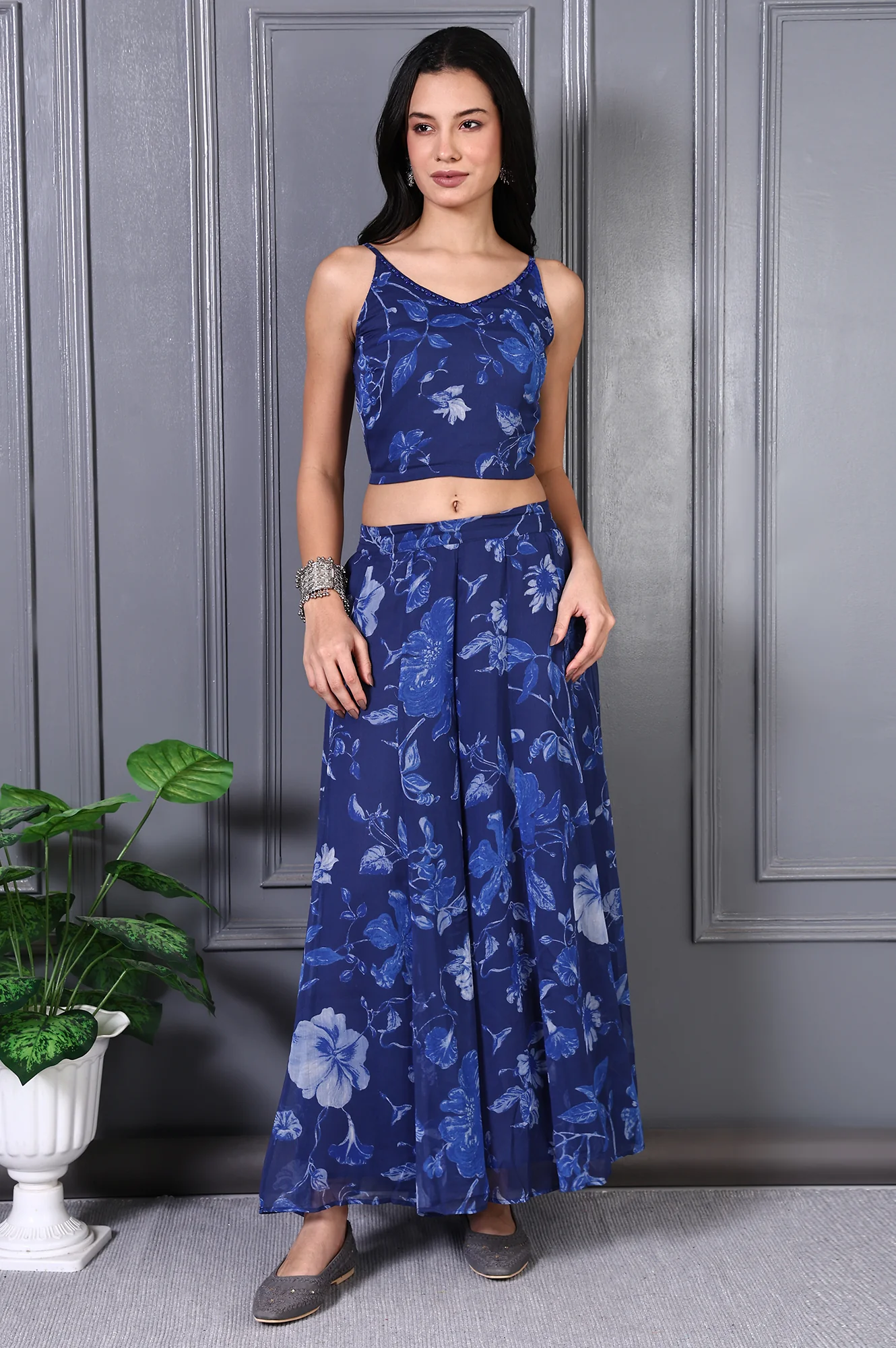 Blue Floral Printed Beads Chiffon Flared Crop Top, Jacket and Flared Pants Set - Image 8