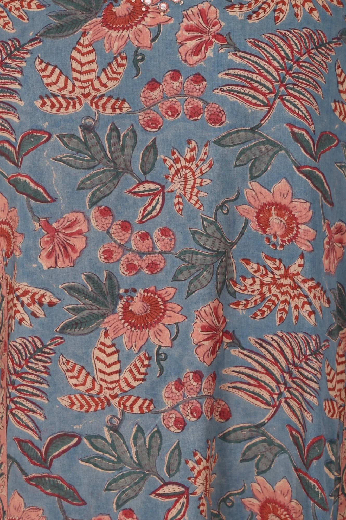 Blue Floral Printed Block Print Mirror work Pure Cotton A-line Kurta - Image 2