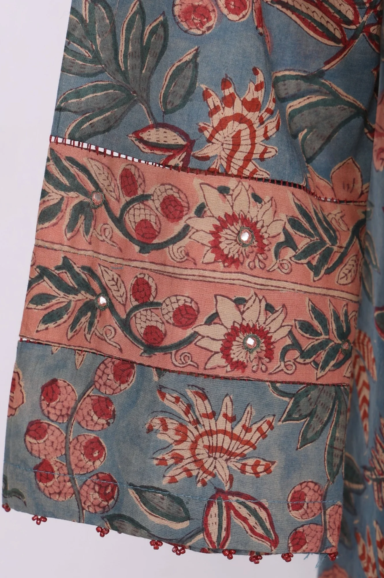 Blue Floral Printed Block Print Mirror work Pure Cotton A-line Kurta - Image 6