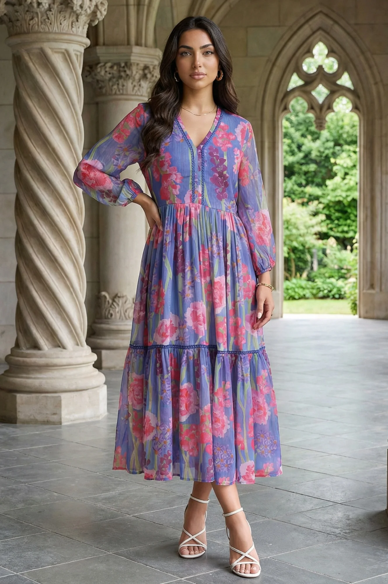 Blue Floral Printed Chiffon Flared Dress - Image 3