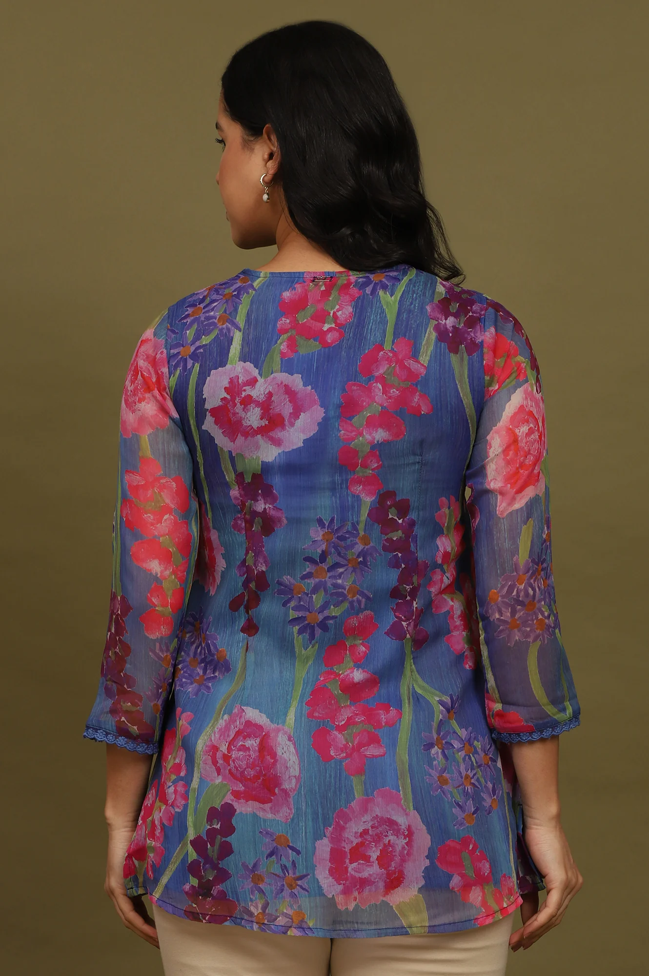 Blue Floral Printed Chiffon Gathered Top - Image 6