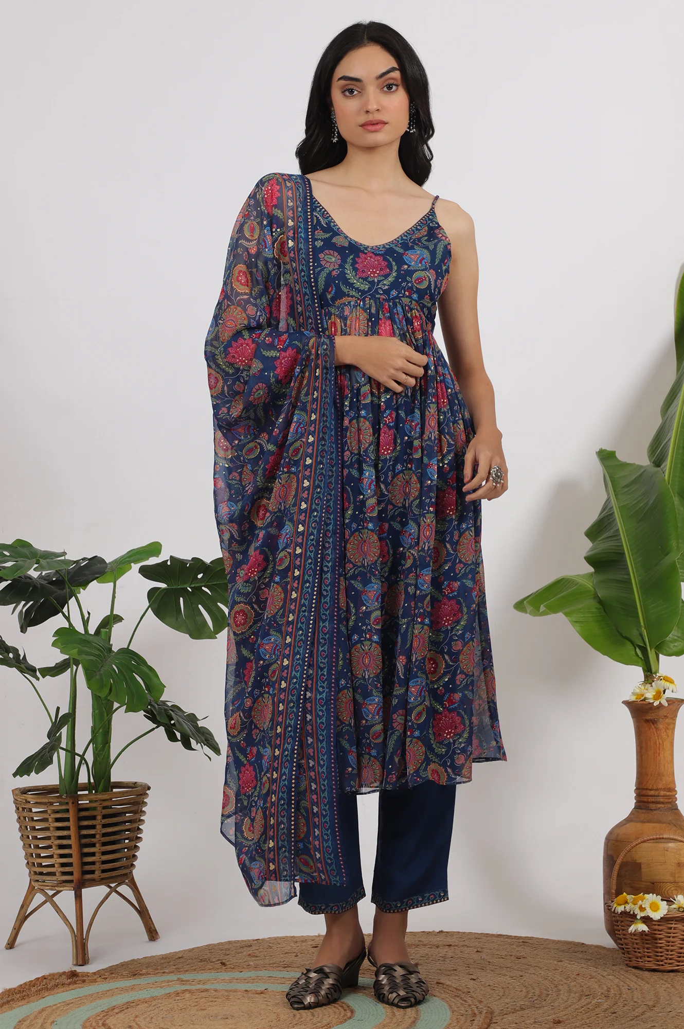 Blue Floral Printed Chiffon Spaghetti Kurta, Pants and Dupatta Set - Image 2