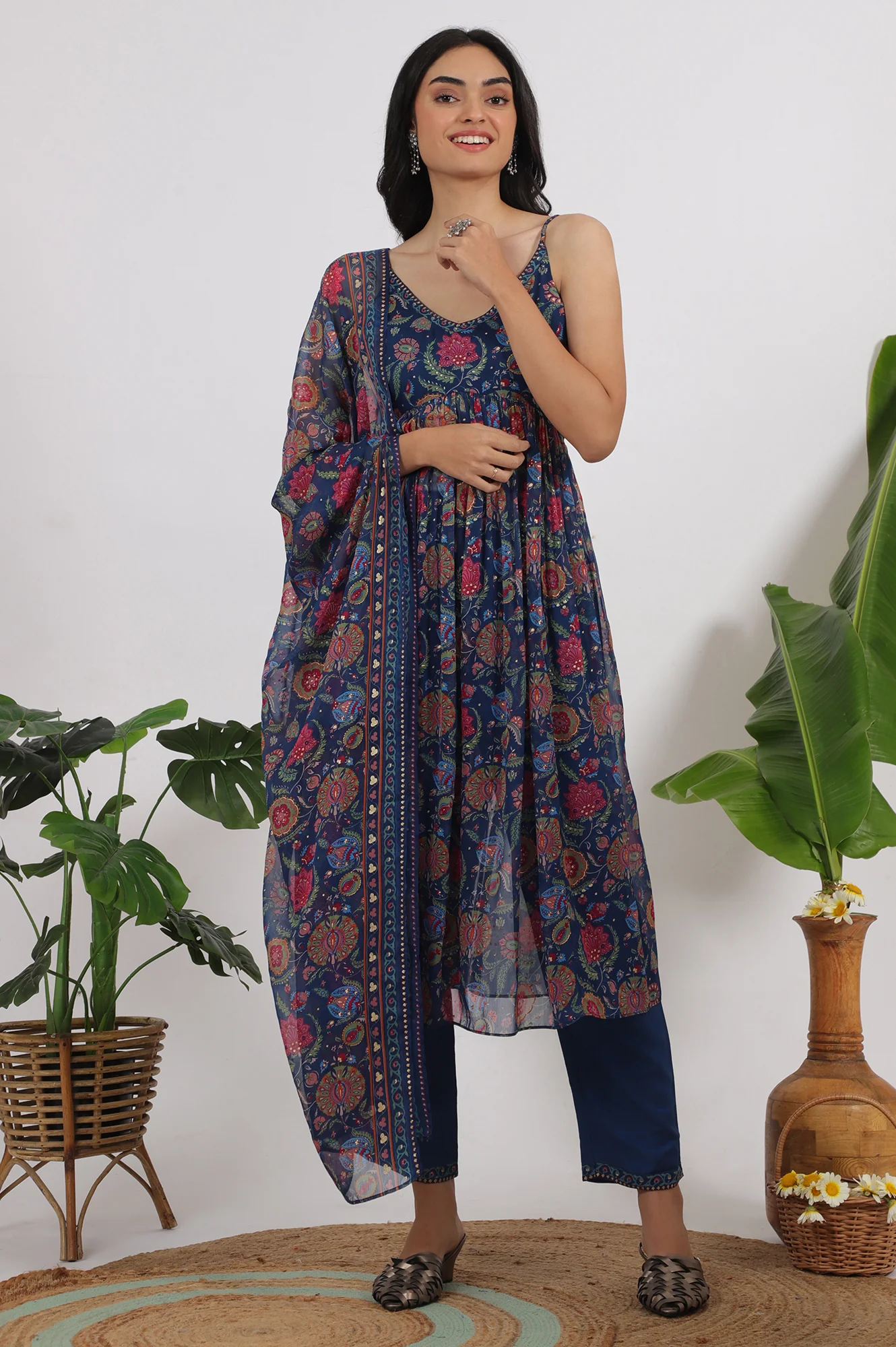 Blue Floral Printed Chiffon Spaghetti Kurta, Pants and Dupatta Set - Image 3