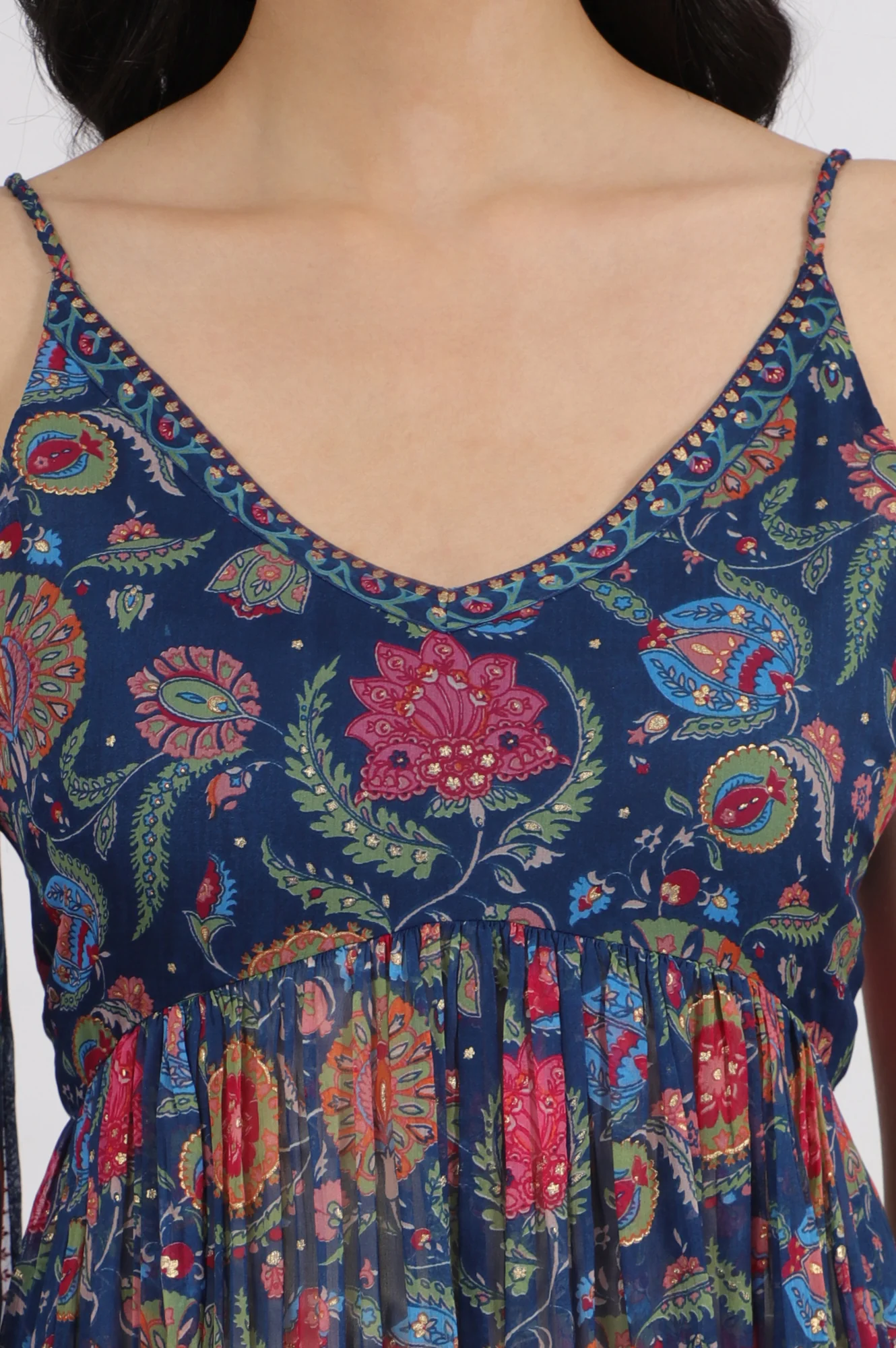 Blue Floral Printed Chiffon Spaghetti Kurta, Pants and Dupatta Set - Image 4