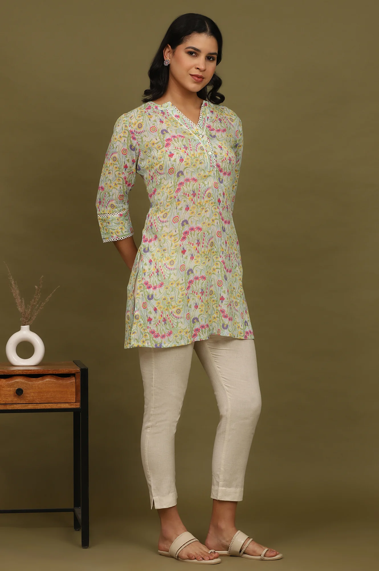 Blue Floral Printed Cotton Crepe Tunic with Lace - Image 7