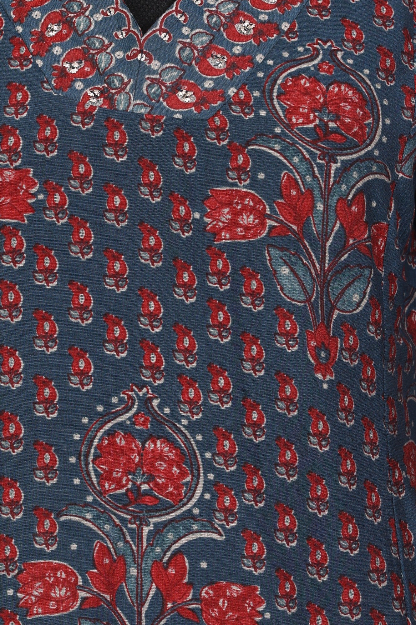 Blue Floral Printed Crepe Straight Kurta with Pants and Dupatta Set - Image 3