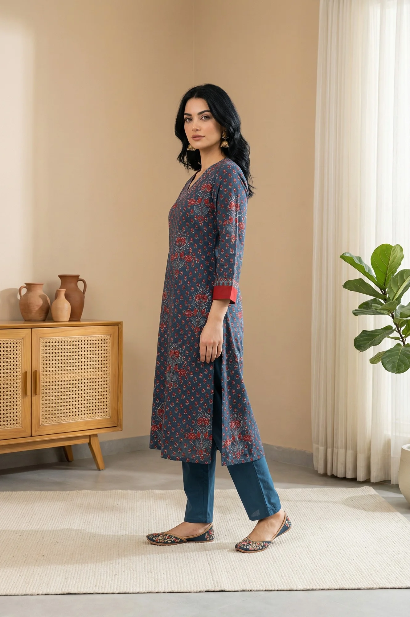 Blue Floral Printed Crepe Straight Kurta with Pants and Dupatta Set - Image 4