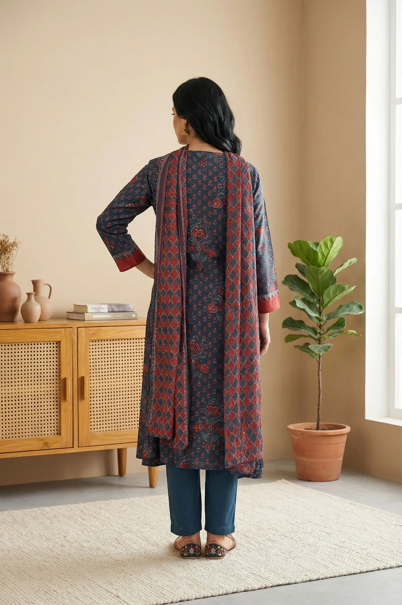 Blue Floral Printed Crepe Straight Kurta with Pants and Dupatta Set - Image 5