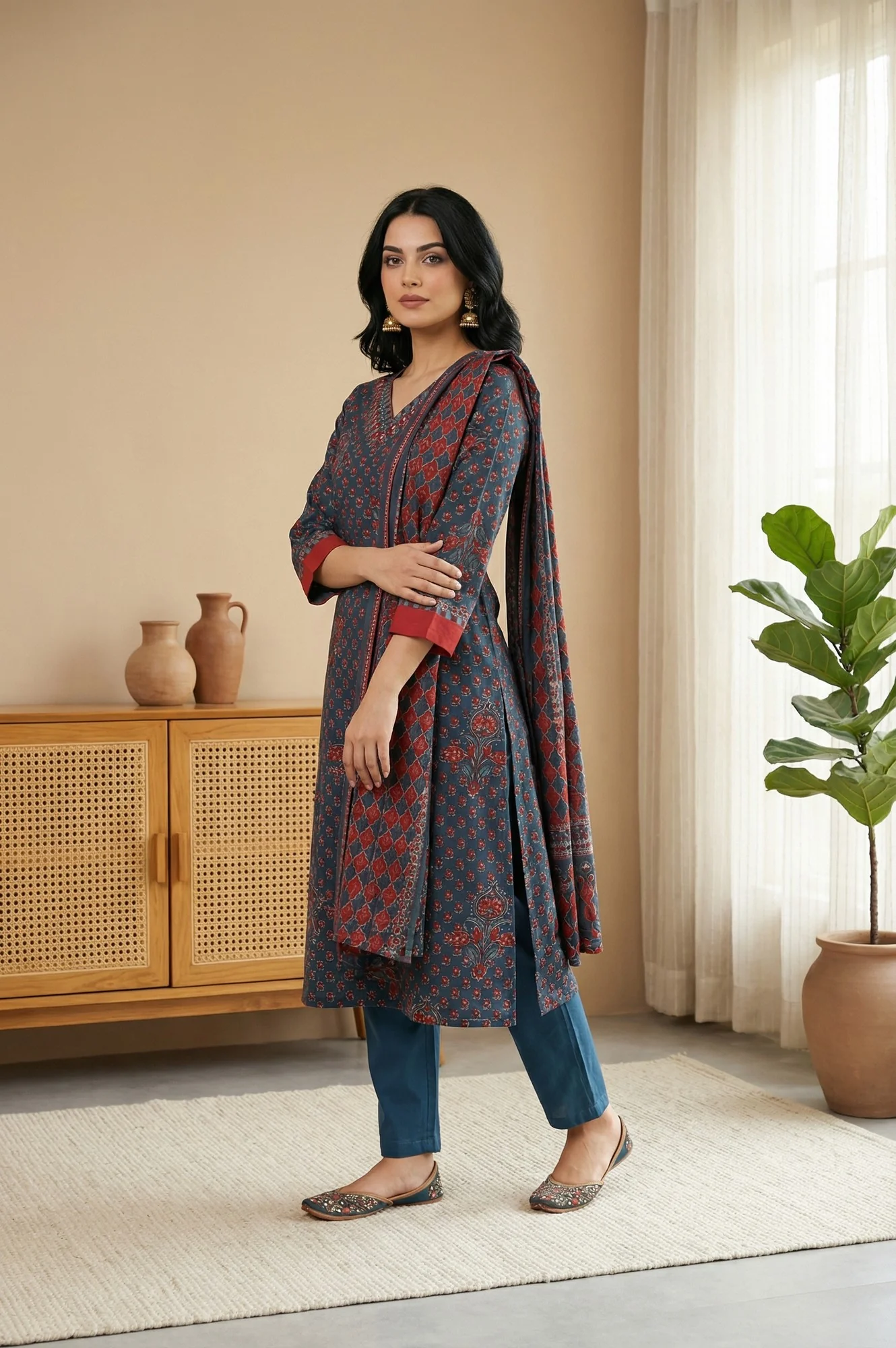 Blue Floral Printed Crepe Straight Kurta with Pants and Dupatta Set - Image 6