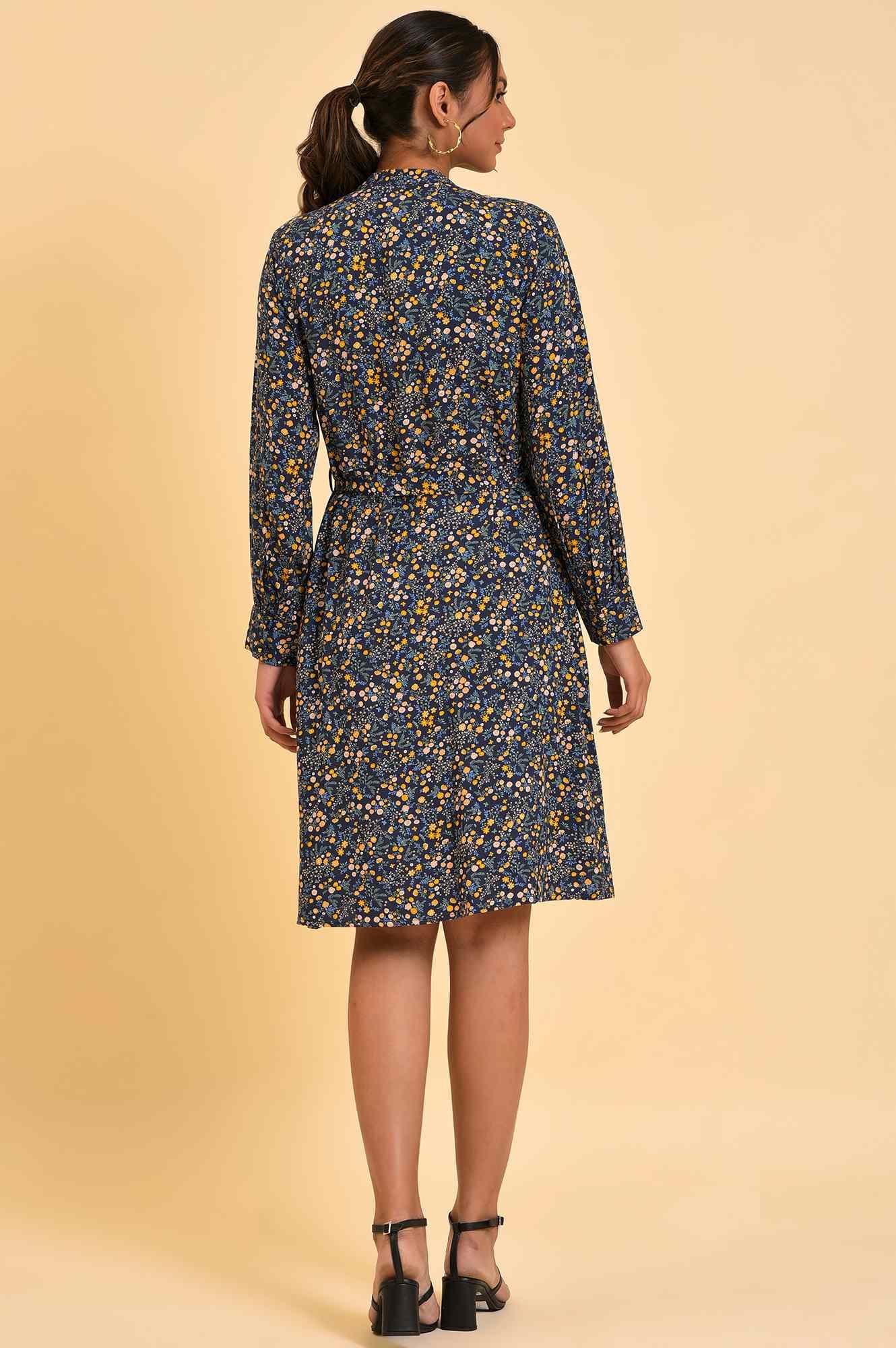 Blue Floral Printed Dress With Belt - Image 2