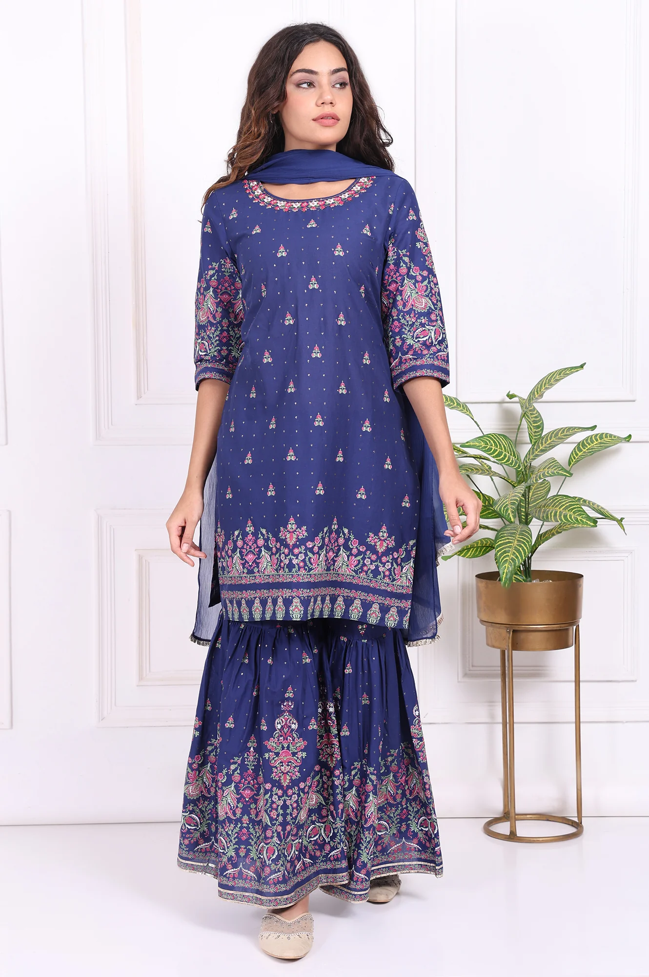 Blue Floral Printed Embroidered Straight Cotton Kurta with Sharara and Dupatta Set - Image 2