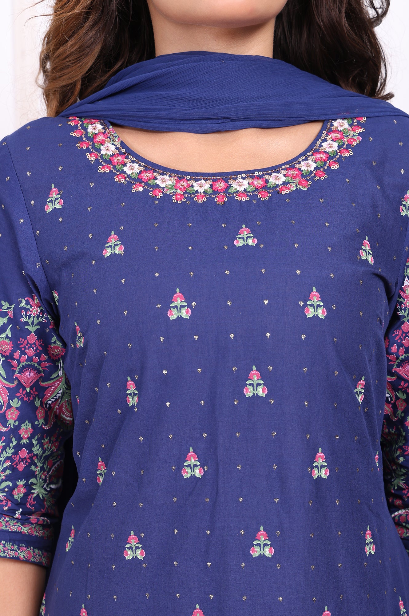 Blue Floral Printed Embroidered Straight Cotton Kurta with Sharara and Dupatta Set - Image 3