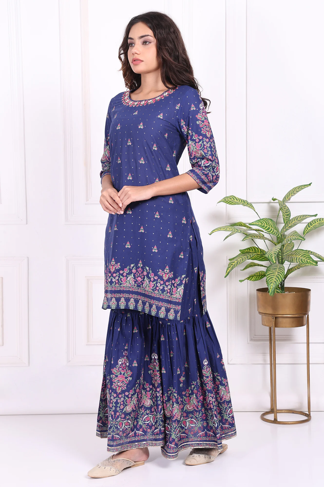 Blue Floral Printed Embroidered Straight Cotton Kurta with Sharara and Dupatta Set - Image 4