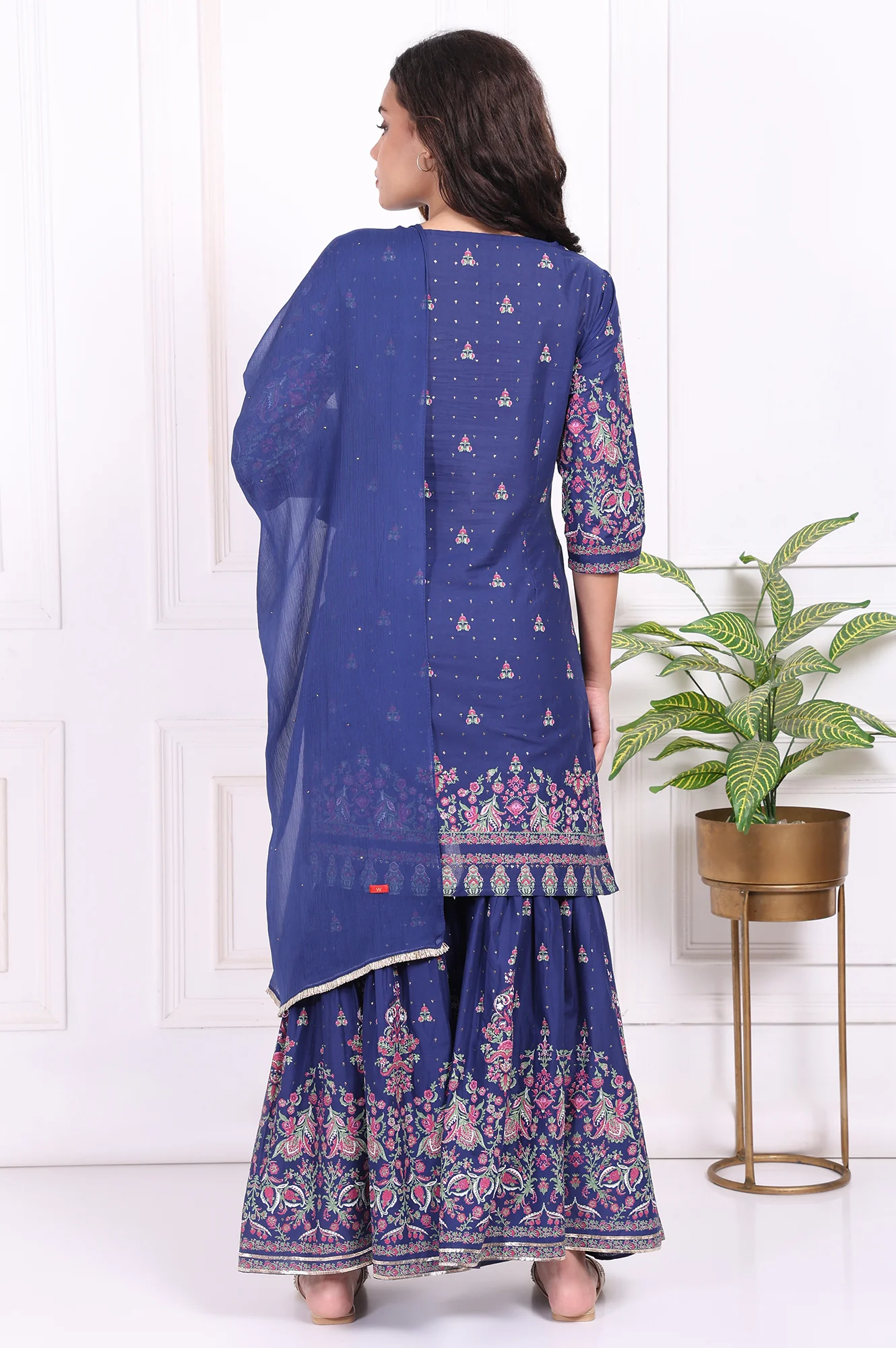 Blue Floral Printed Embroidered Straight Cotton Kurta with Sharara and Dupatta Set - Image 5