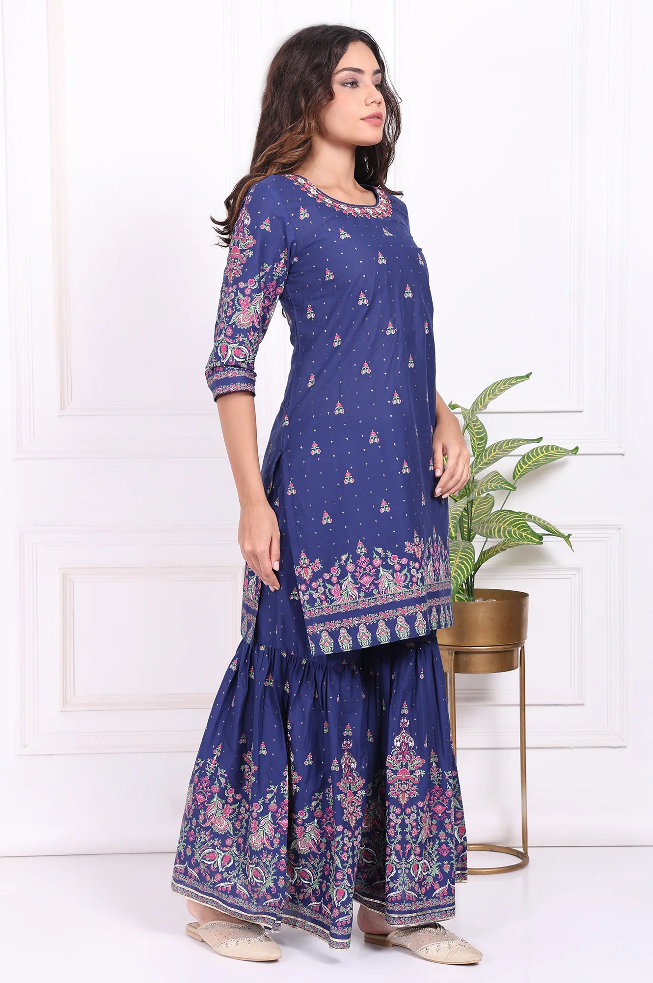 Blue Floral Printed Embroidered Straight Cotton Kurta with Sharara and Dupatta Set - Image 6