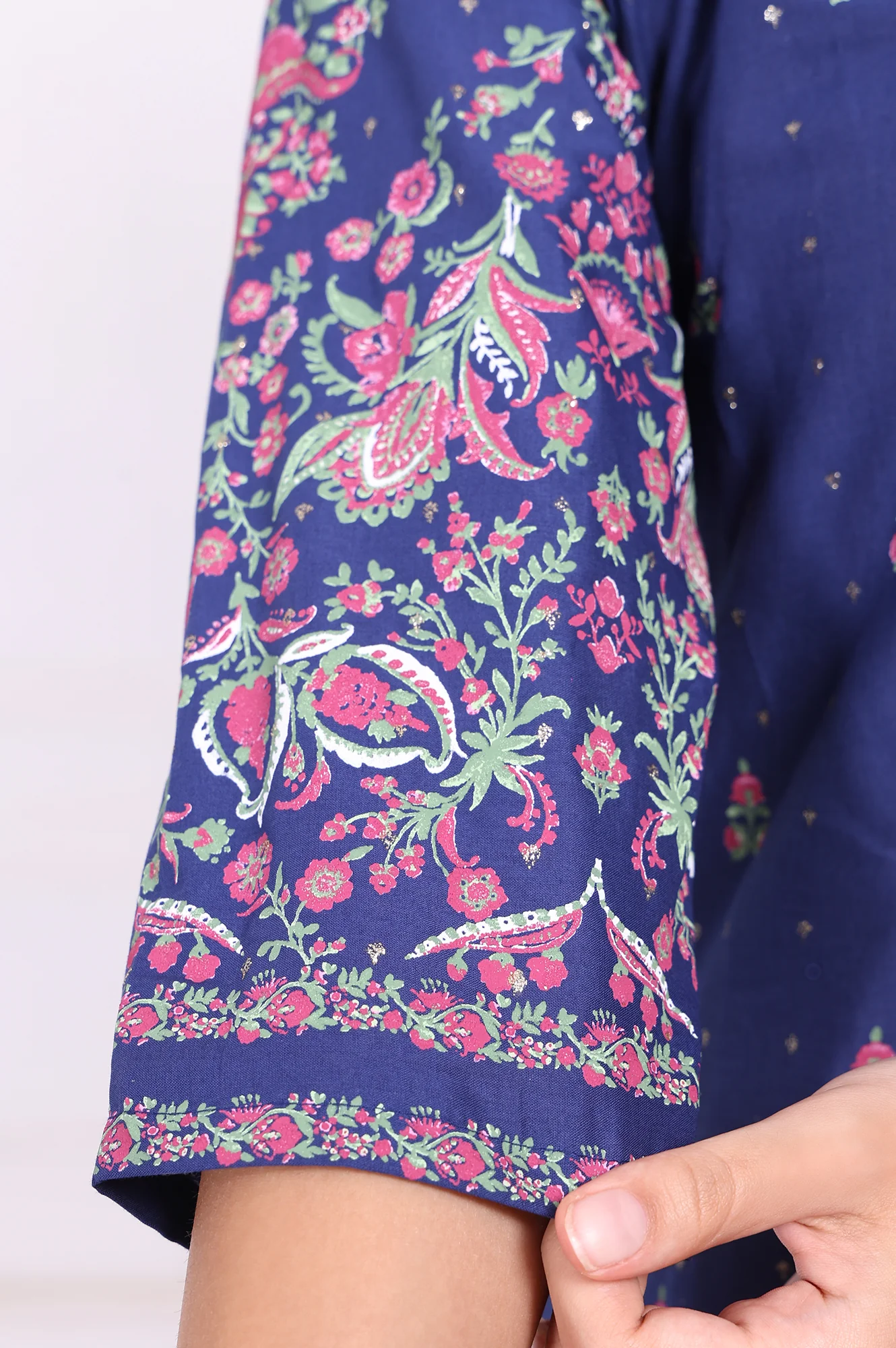 Blue Floral Printed Embroidered Straight Cotton Kurta with Sharara and Dupatta Set - Image 7