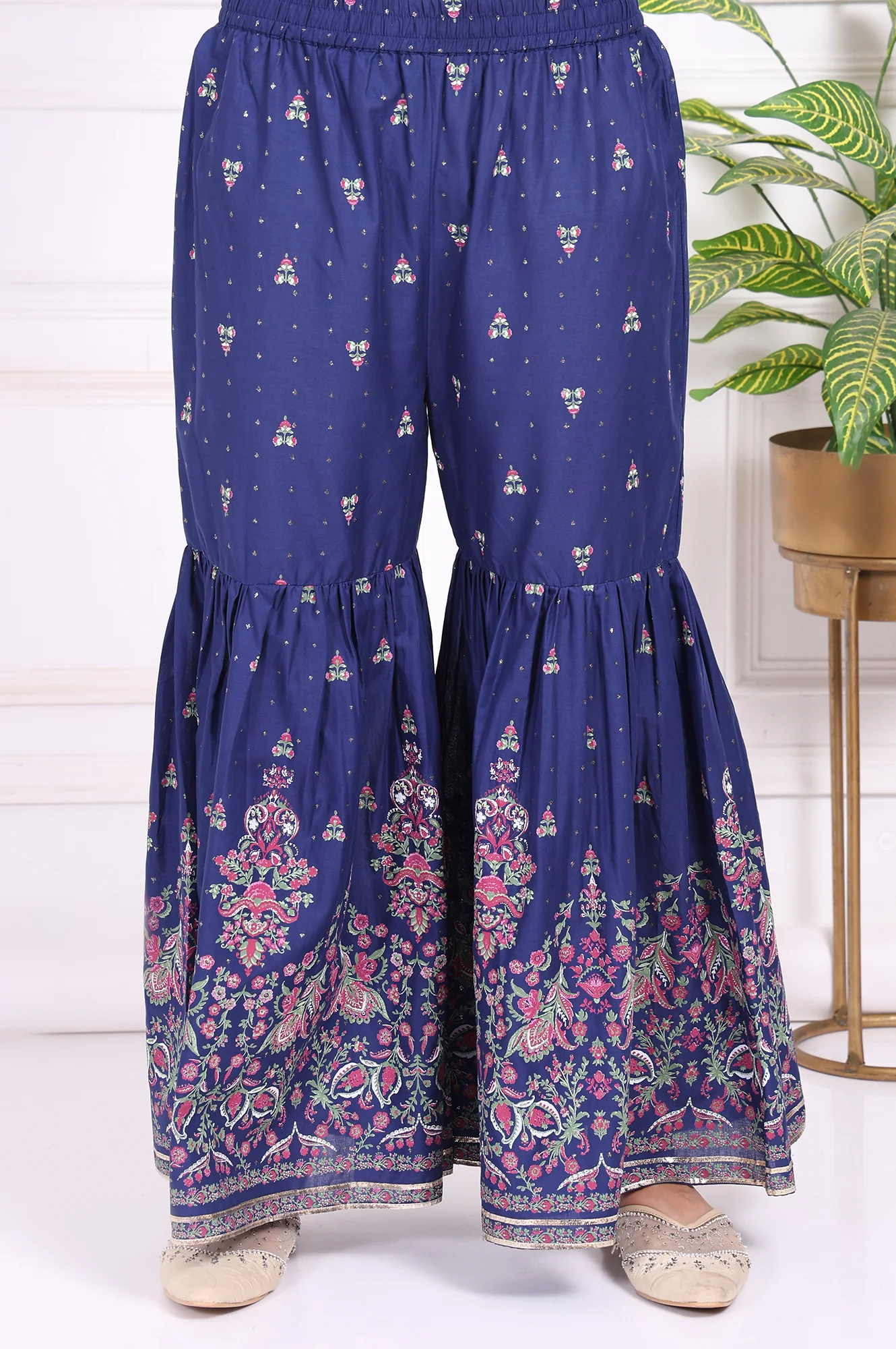 Blue Floral Printed Embroidered Straight Cotton Kurta with Sharara and Dupatta Set - Image 8