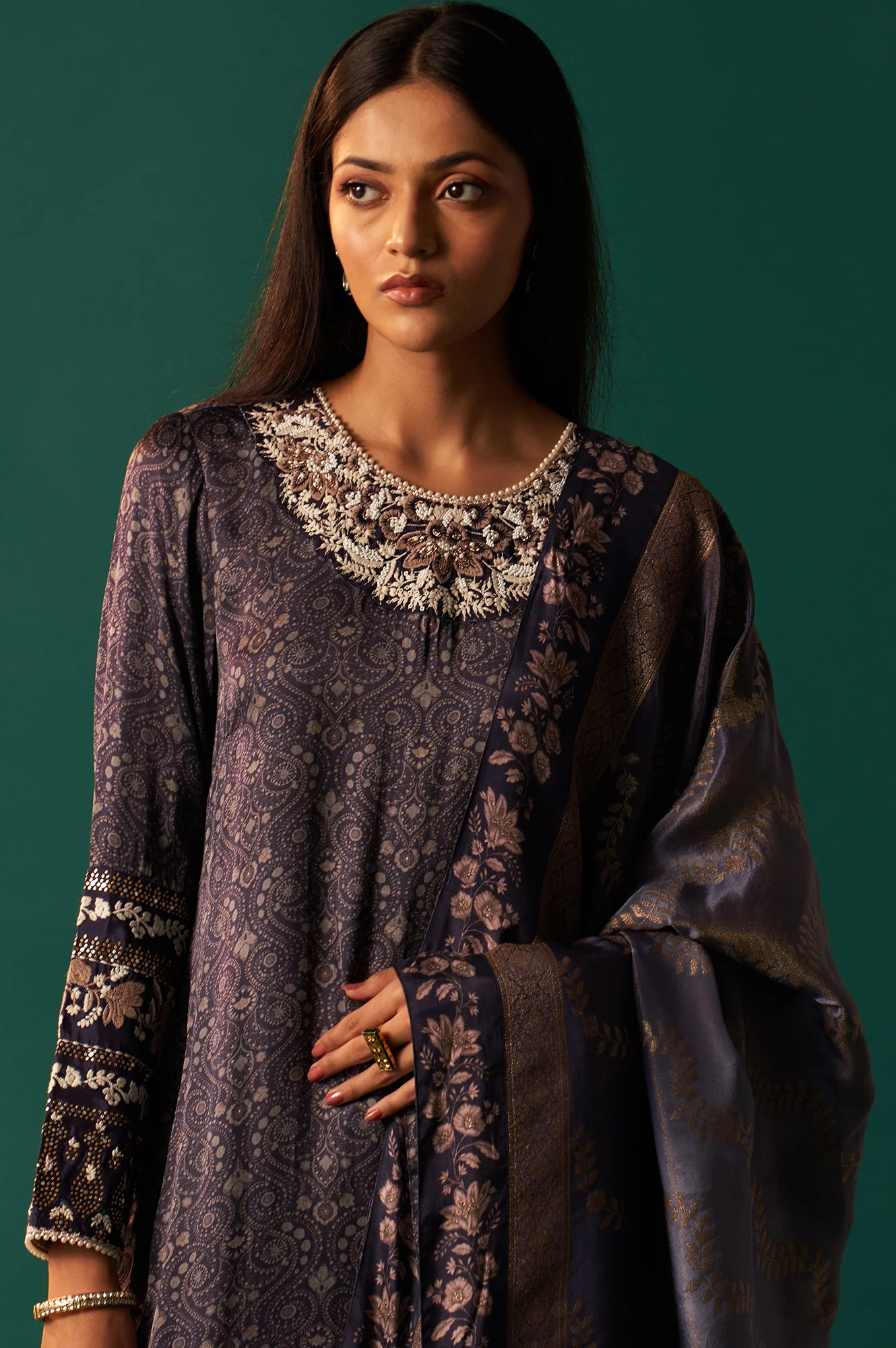 Navy Blue Floral Printed Embroidered Straight Modal Satin Kurta with Parallel Pants and Dupatta Set - Image 2