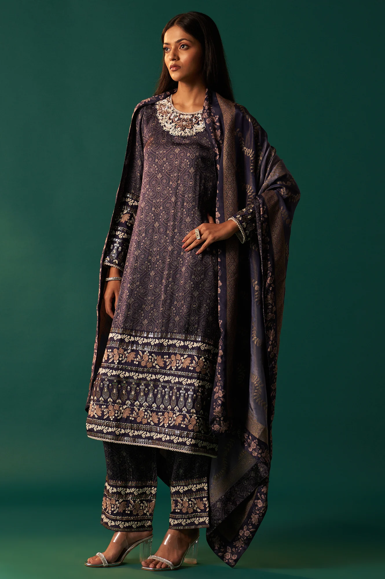 Navy Blue Floral Printed Embroidered Straight Modal Satin Kurta with Parallel Pants and Dupatta Set - Image 3