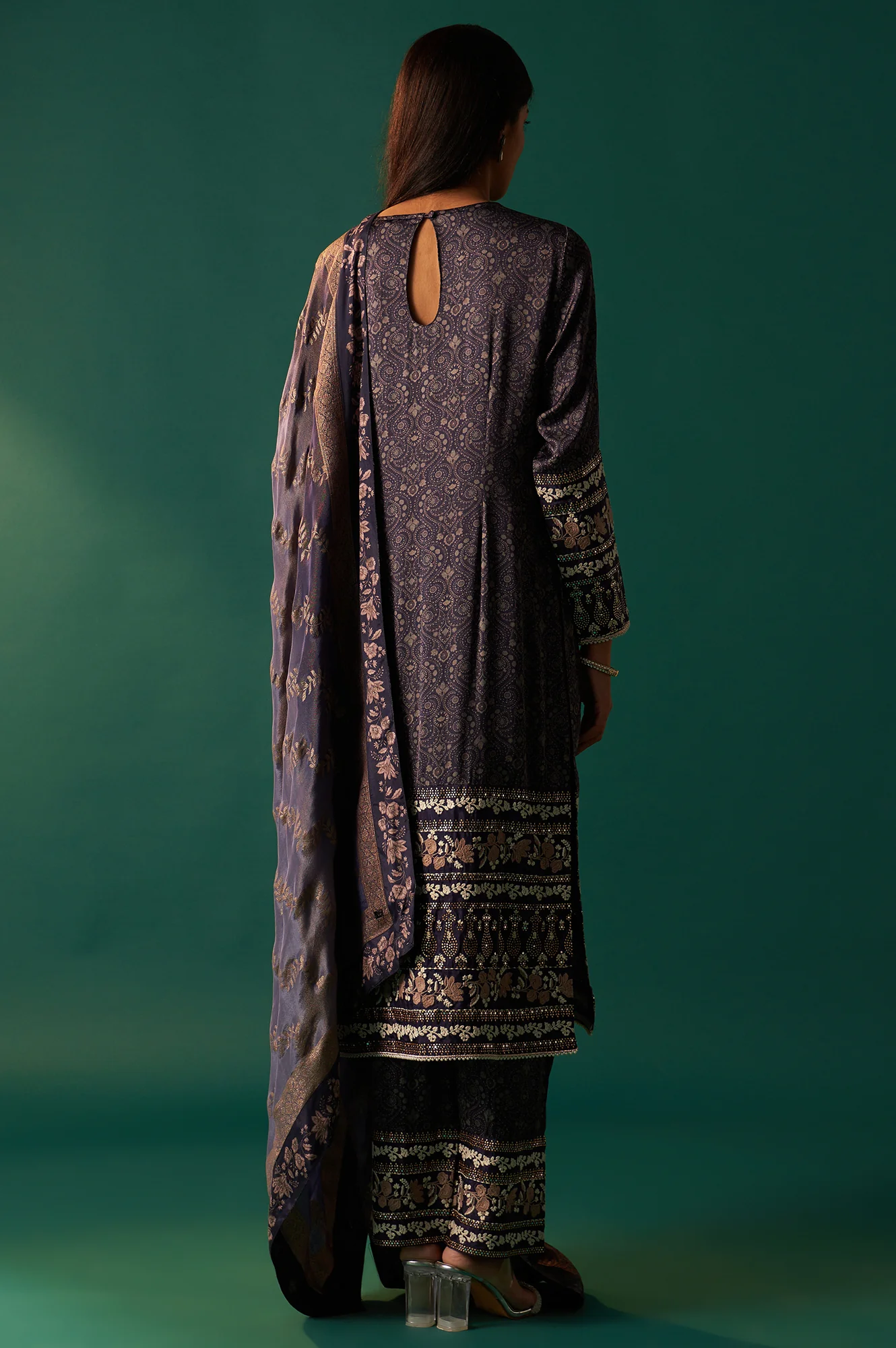 Navy Blue Floral Printed Embroidered Straight Modal Satin Kurta with Parallel Pants and Dupatta Set - Image 4