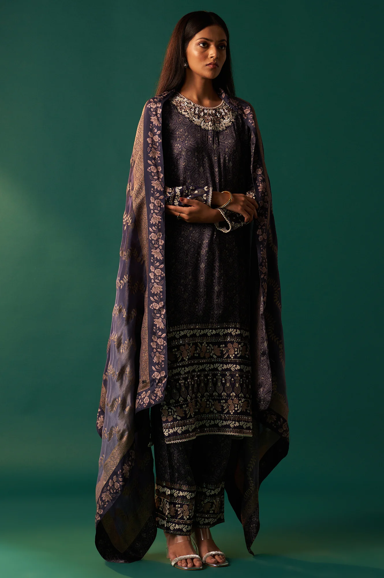 Navy Blue Floral Printed Embroidered Straight Modal Satin Kurta with Parallel Pants and Dupatta Set - Image 5