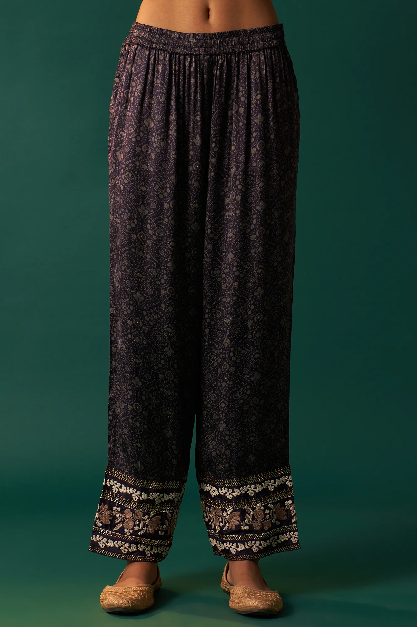 Navy Blue Floral Printed Embroidered Straight Modal Satin Kurta with Parallel Pants and Dupatta Set - Image 7