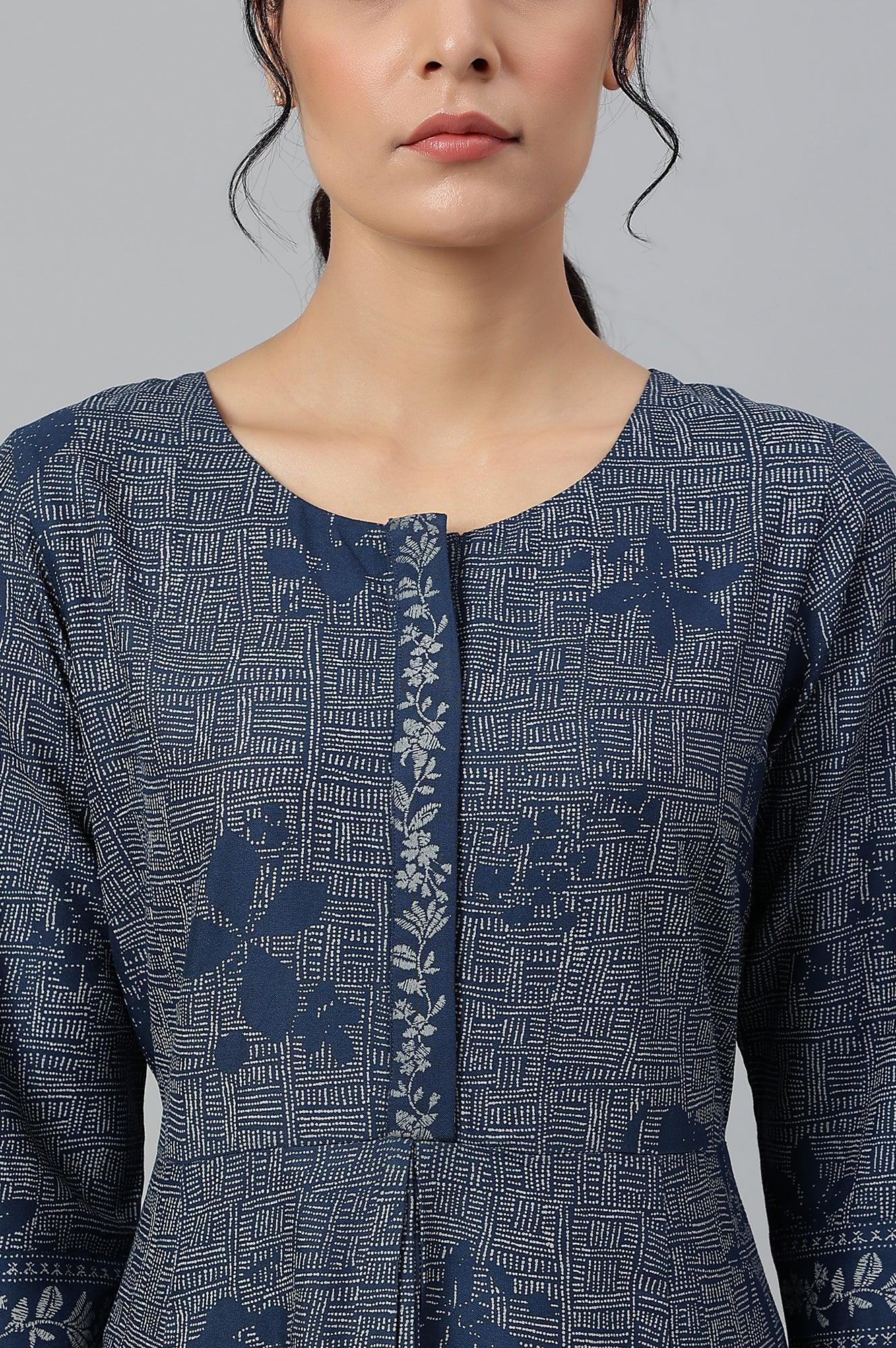 Blue Floral Printed Flared Indie Dress - Image 8