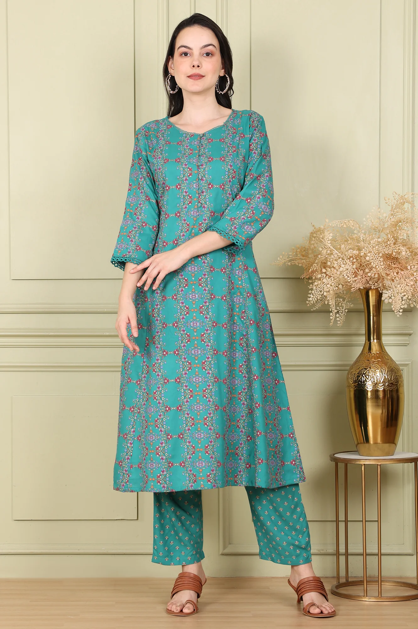 Blue Floral Printed Flared Rayon Kurta And Straight Pants Set - Image 2