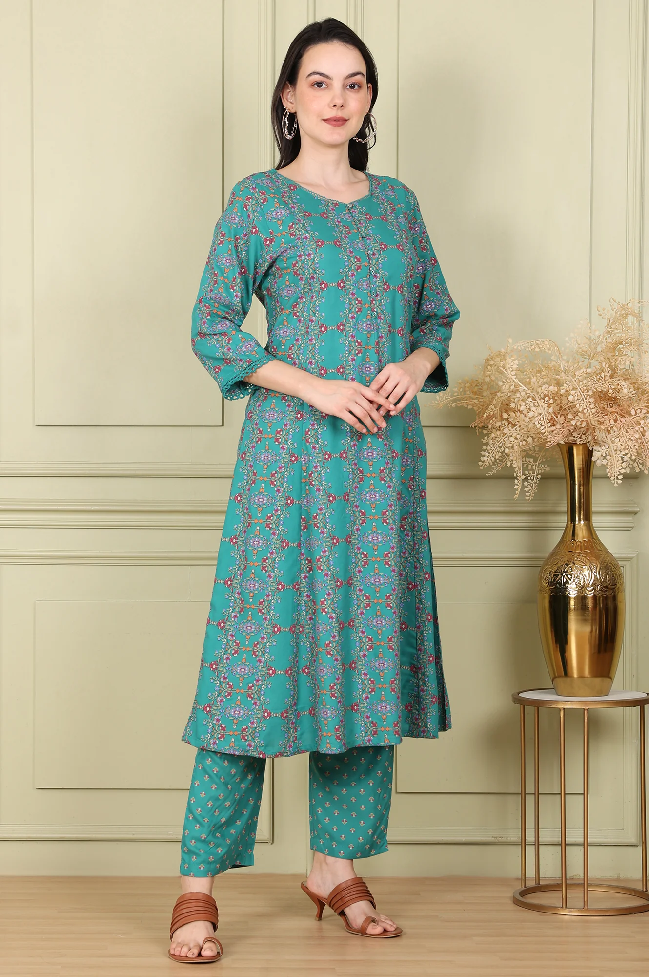Blue Floral Printed Flared Rayon Kurta And Straight Pants Set - Image 4