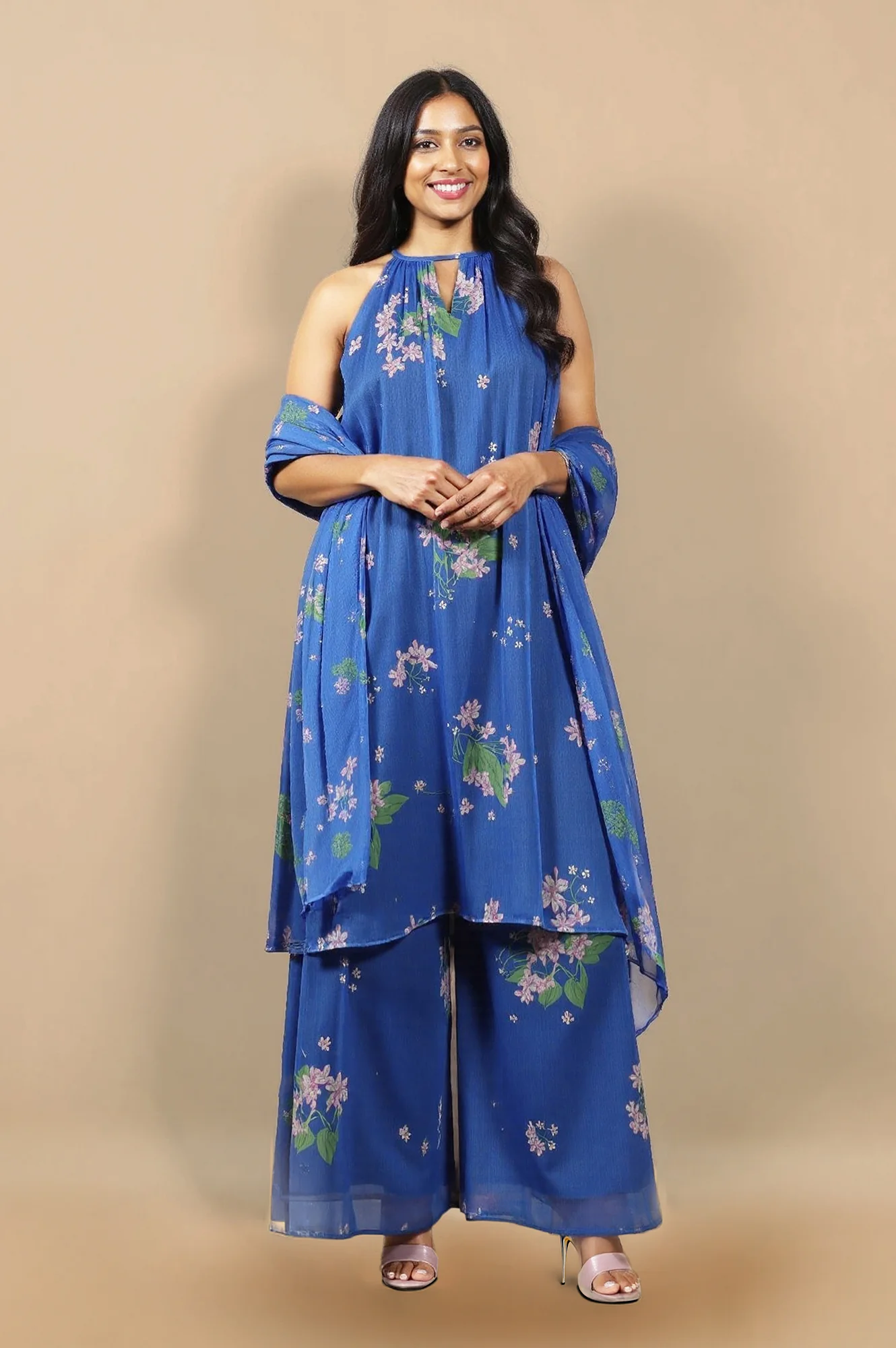 Blue Floral Printed Halter Neck Chiffon Kurta with Flared Pants and Dupatta Set - Image 3