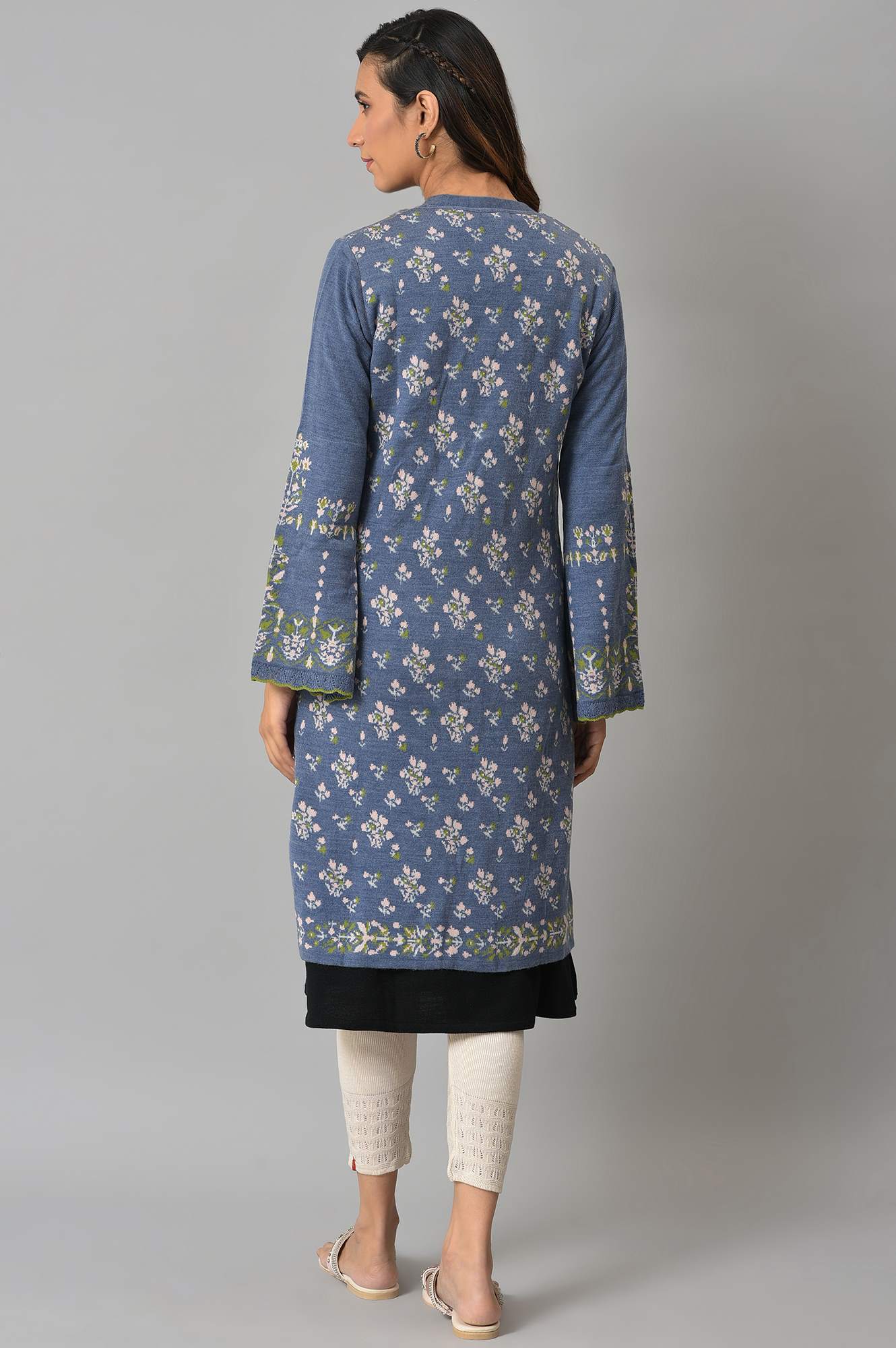 Blue Floral Printed Jacquard Women Cardigan - Image 2