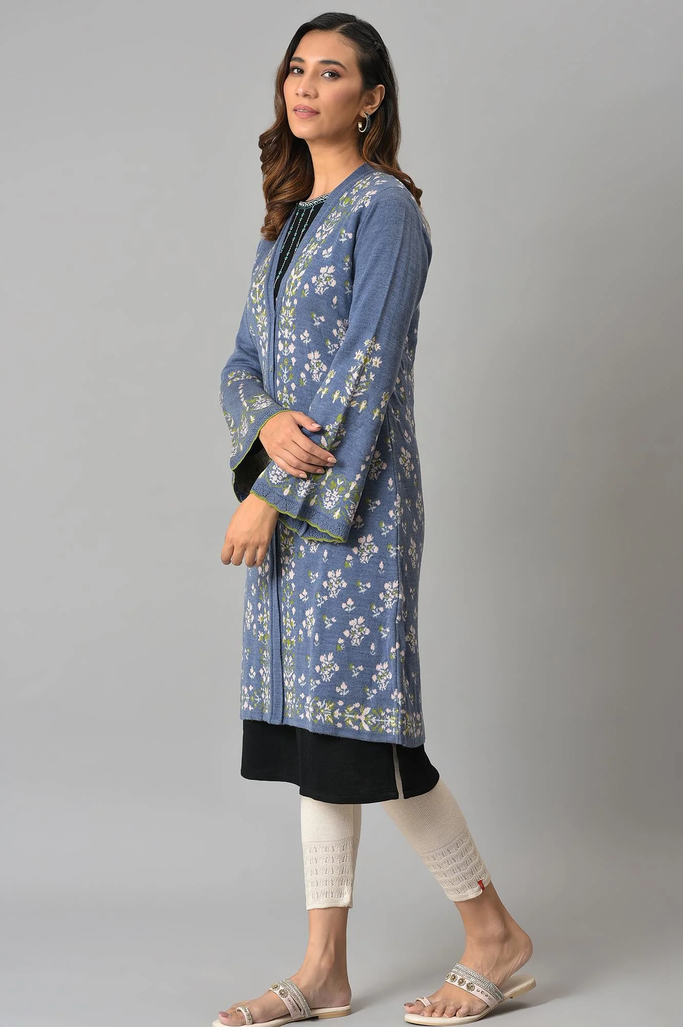 Blue Floral Printed Jacquard Women Cardigan - Image 3