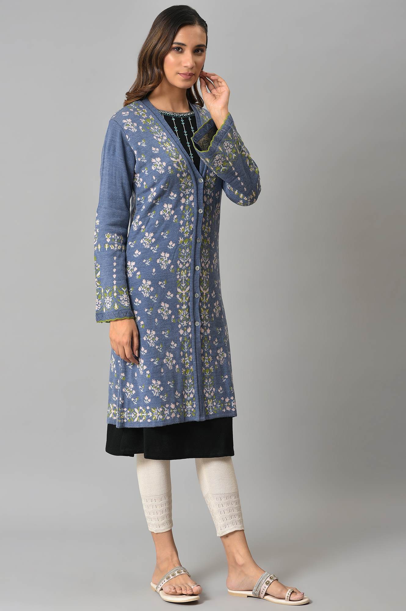 Blue Floral Printed Jacquard Women Cardigan - Image 4