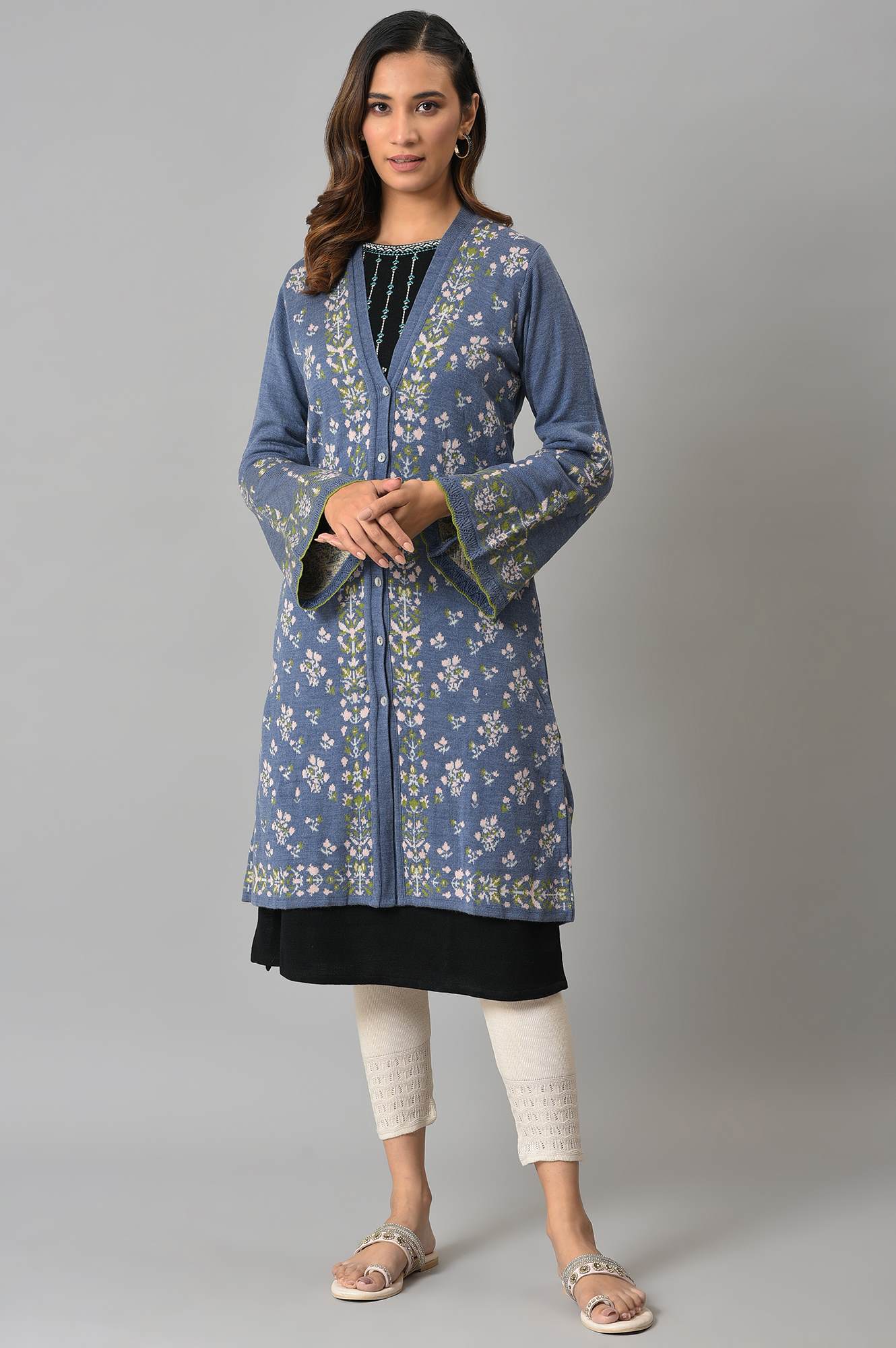 Blue Floral Printed Jacquard Women Cardigan - Image 5