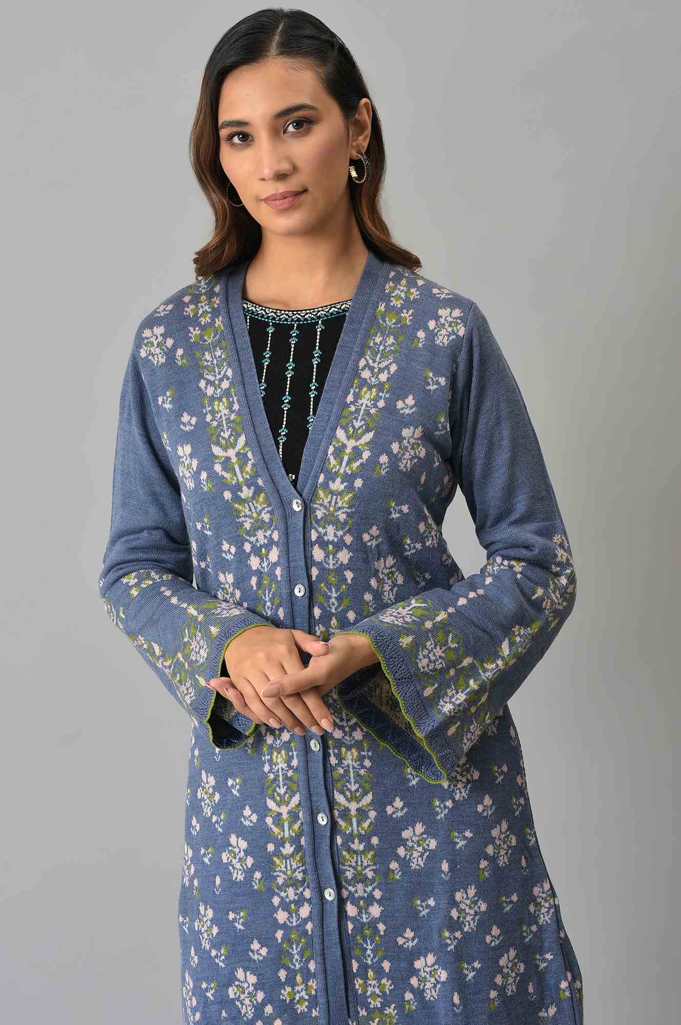 Blue Floral Printed Jacquard Women Cardigan - Image 6
