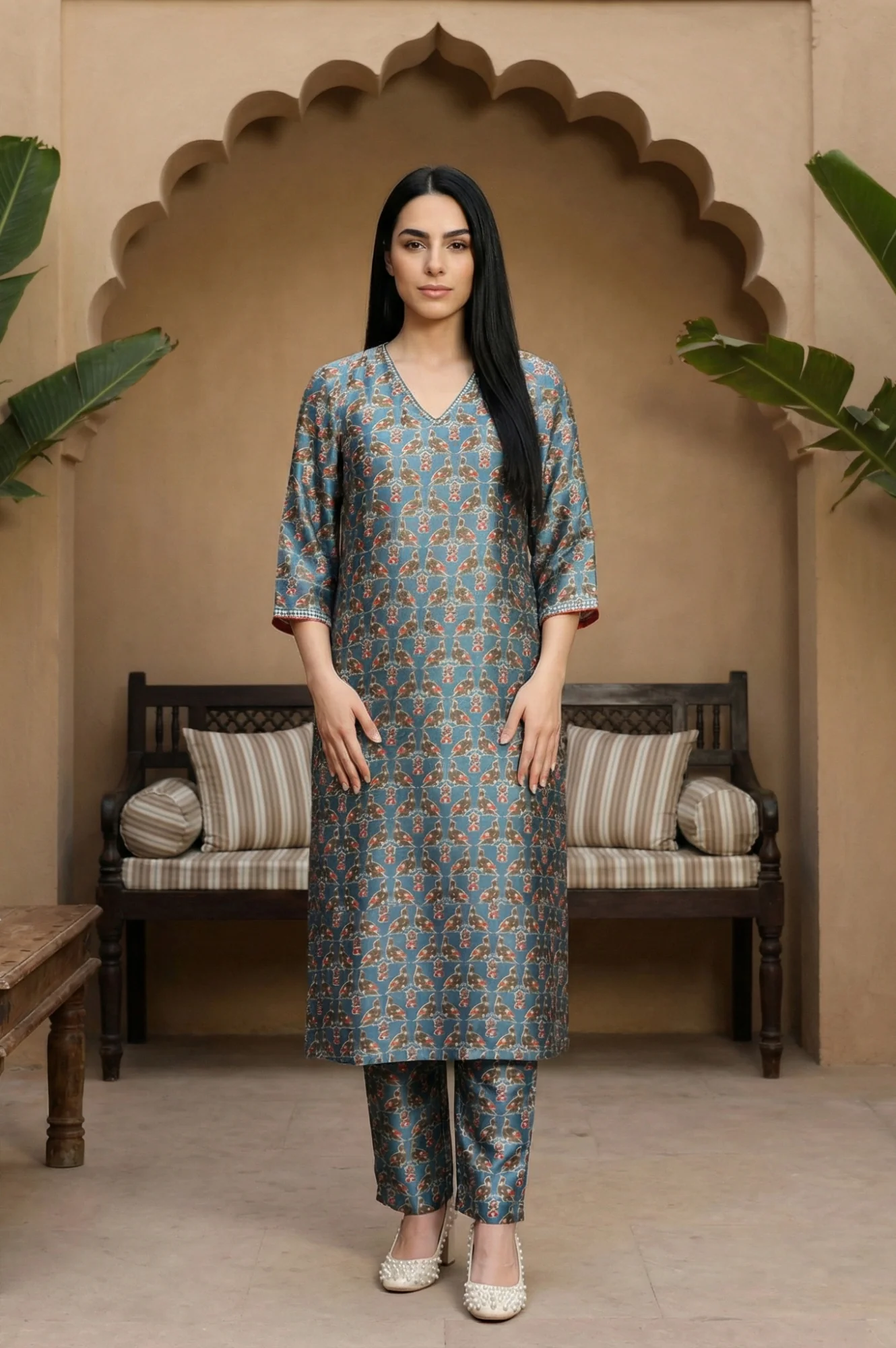 Blue Floral Printed Japanese Satin Straight Kurta and Trousers Co-ord Set