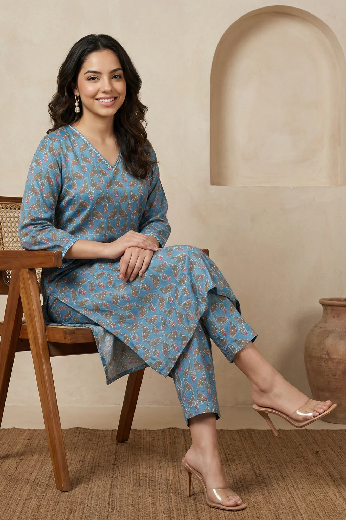 Blue Floral Printed Japanese Satin Straight Kurta and Trousers Co-ord Set - Image 3