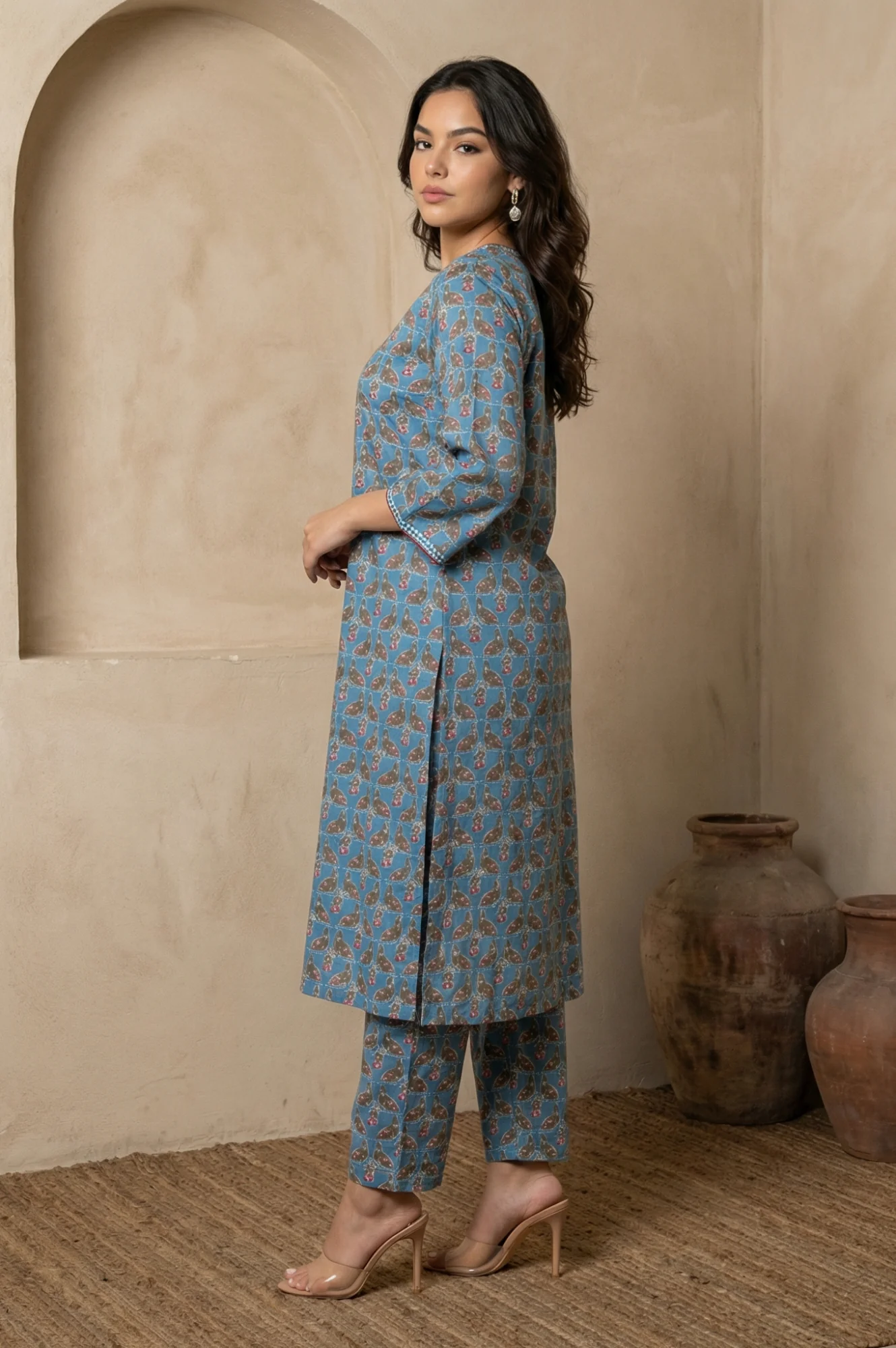 Blue Floral Printed Japanese Satin Straight Kurta and Trousers Co-ord Set - Image 4
