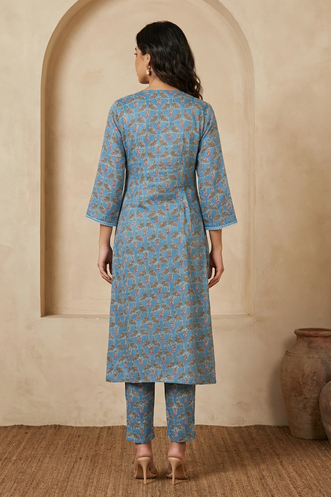 Blue Floral Printed Japanese Satin Straight Kurta and Trousers Co-ord Set - Image 5