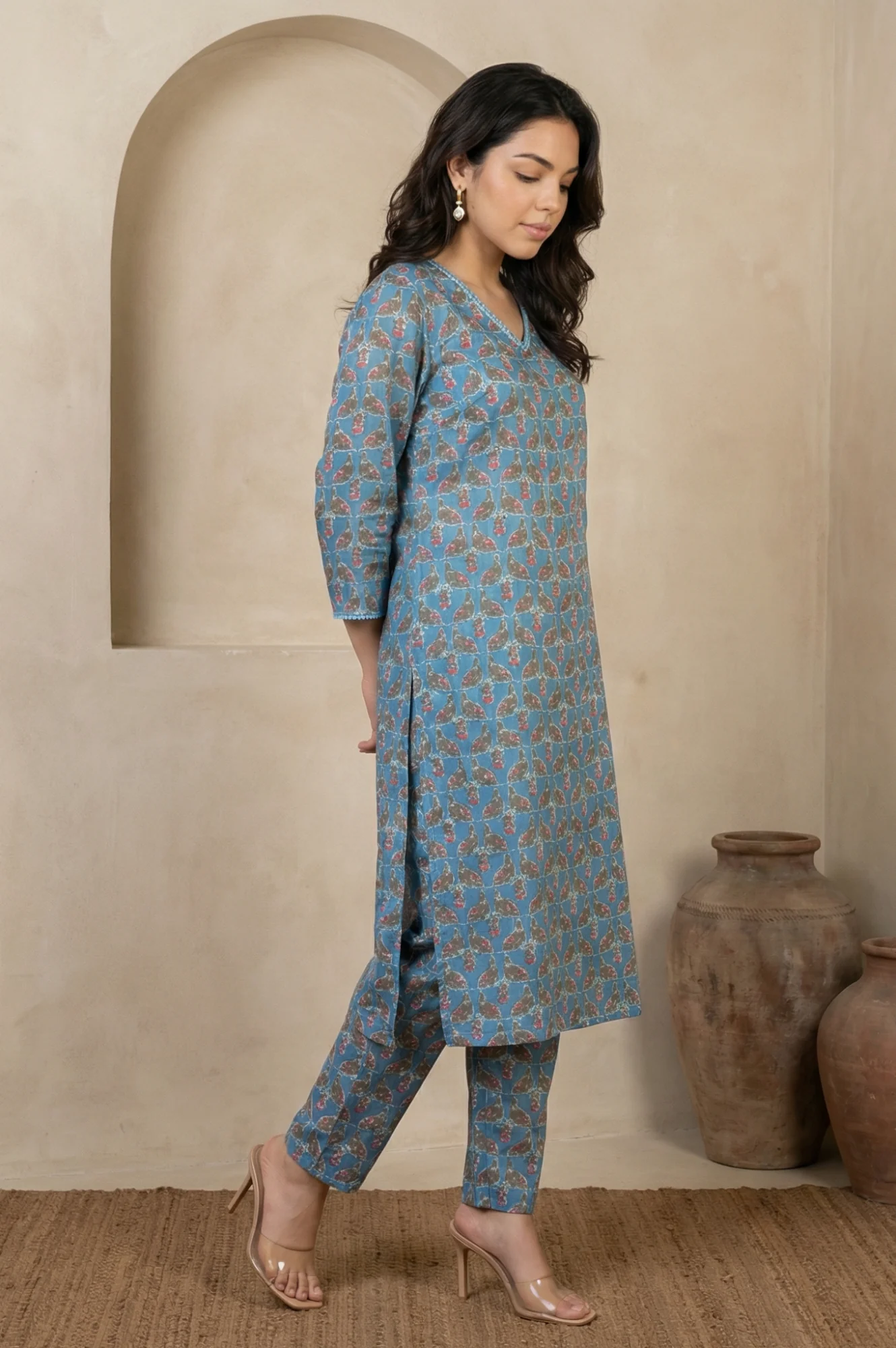 Blue Floral Printed Japanese Satin Straight Kurta and Trousers Co-ord Set - Image 6