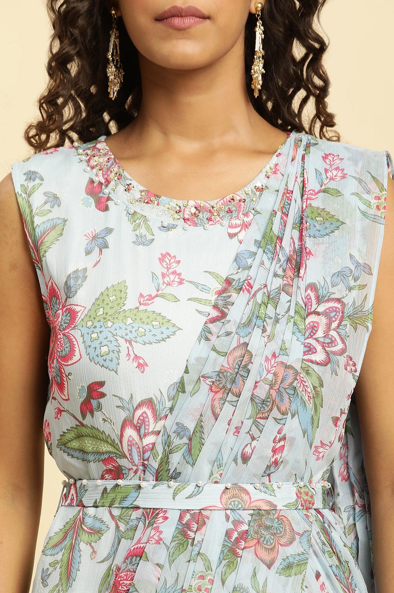 Blue Floral Printed Rayon Wide-Leg Jumpsuit - Image 7