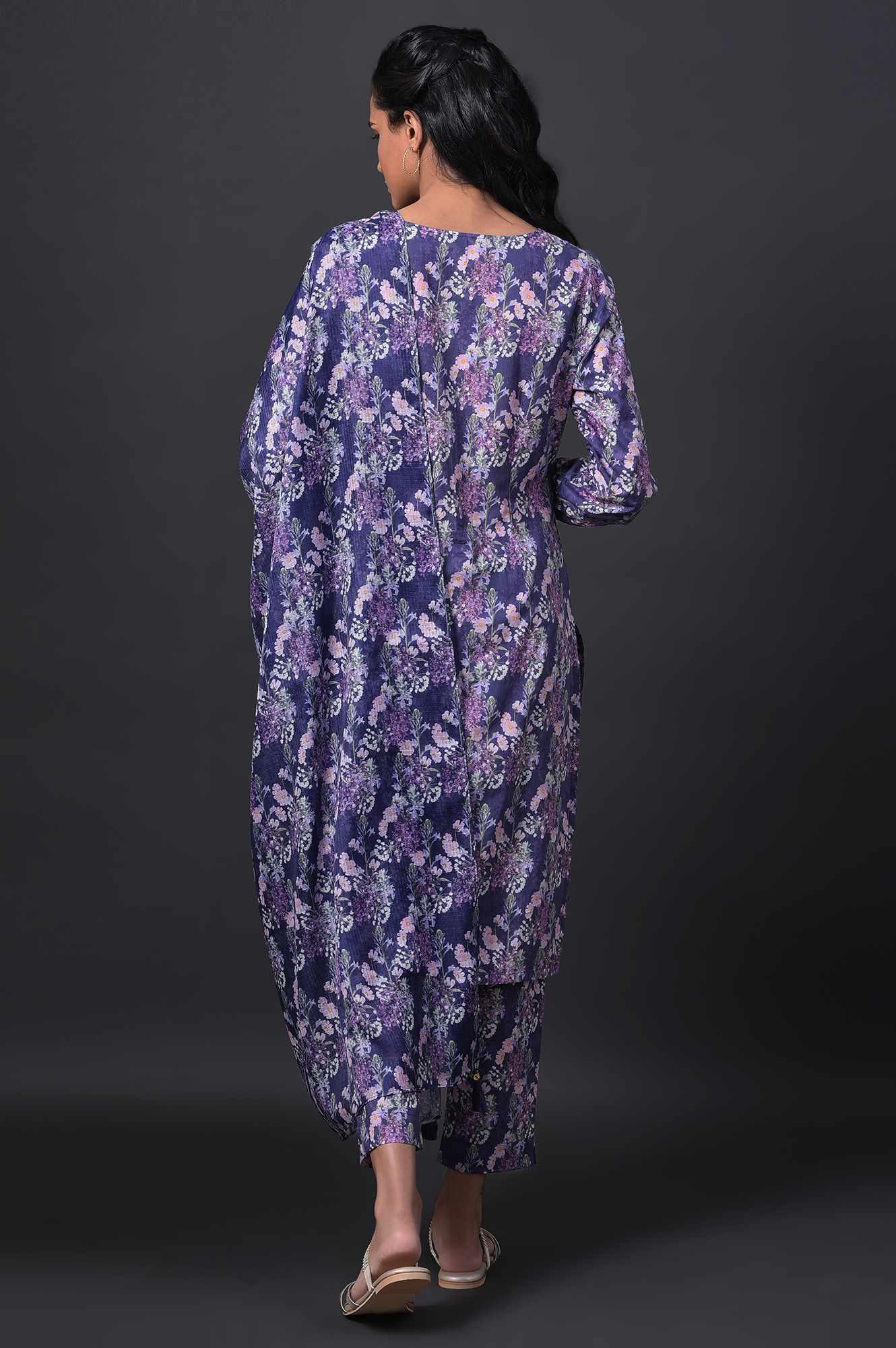 Blue Floral Printed kurta With Slim Pants And Kota Dupatta - Image 2
