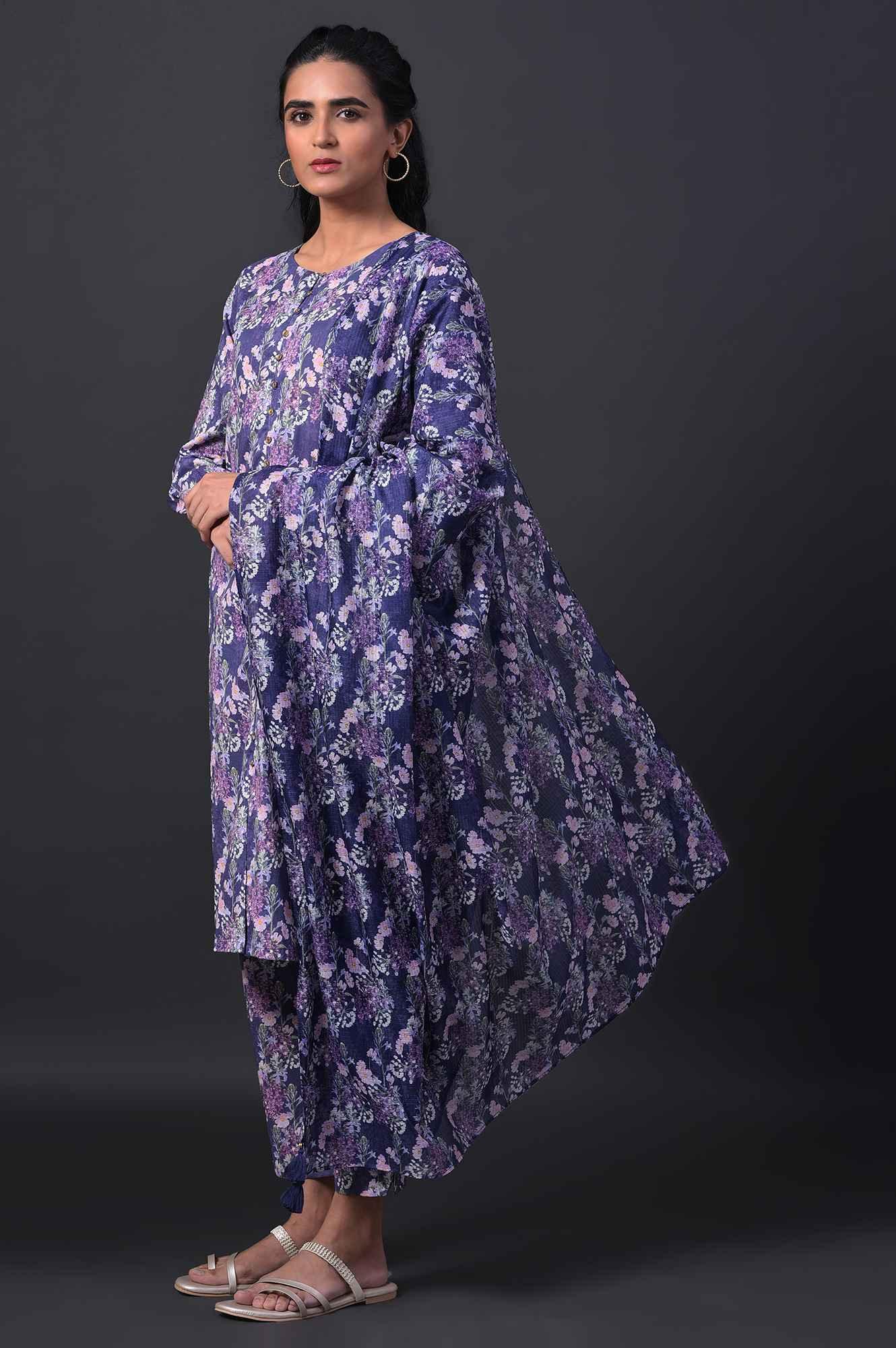 Blue Floral Printed kurta With Slim Pants And Kota Dupatta - Image 3