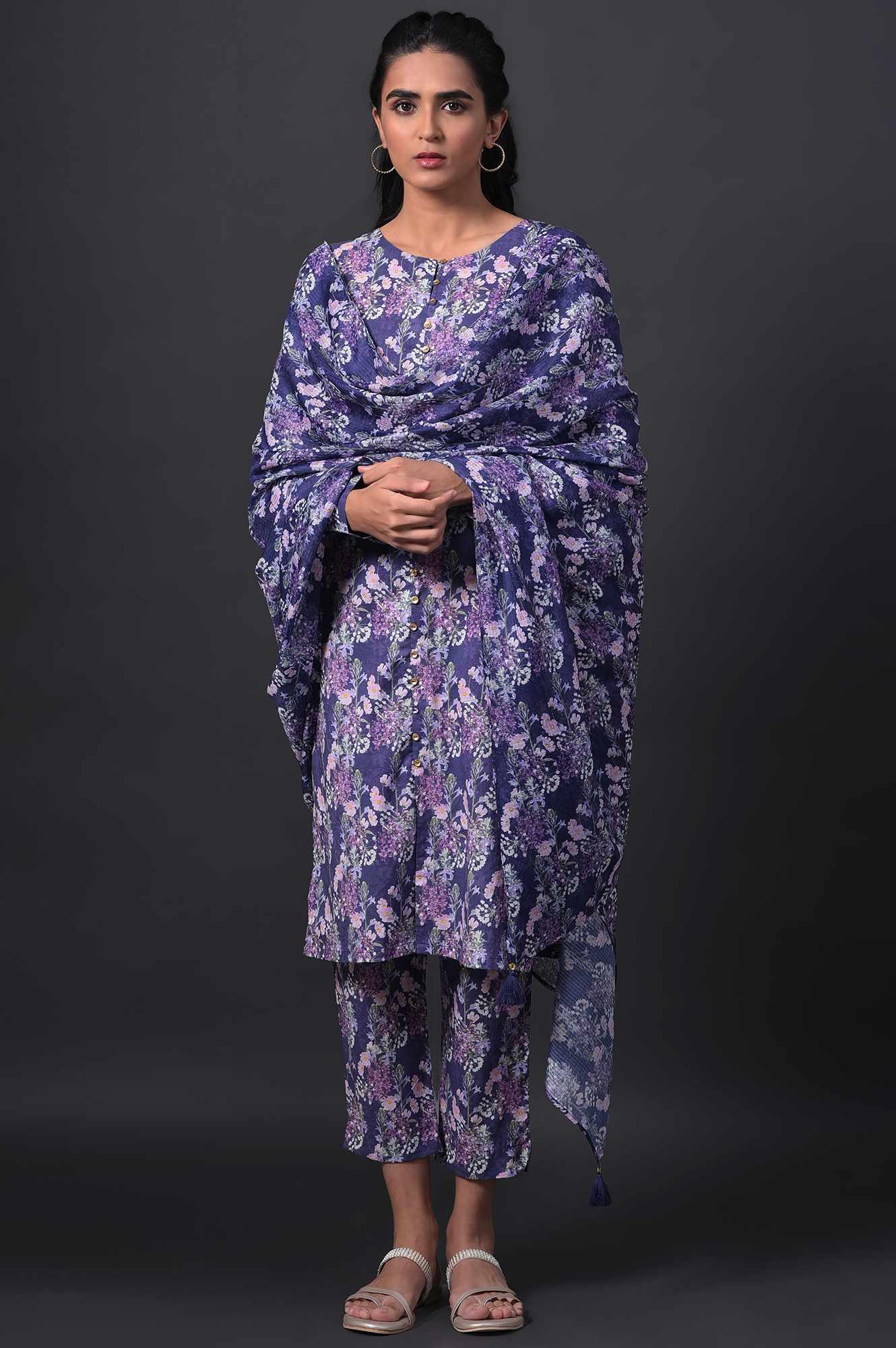 Blue Floral Printed kurta With Slim Pants And Kota Dupatta - Image 9