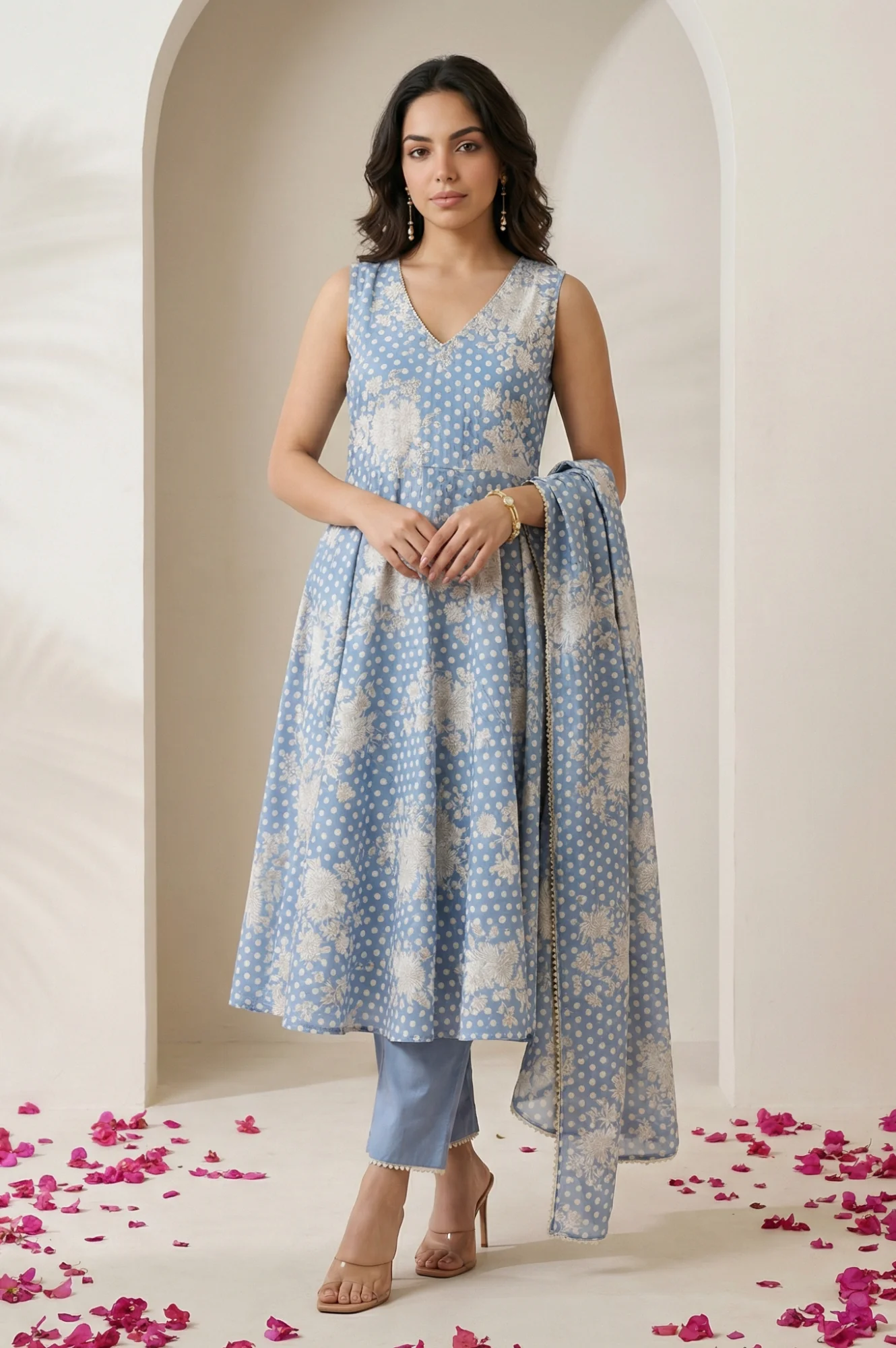 Blue Floral Printed Lace Chanderi Sleeveless A-line Kurta with Straight Pants and Dupatta Set